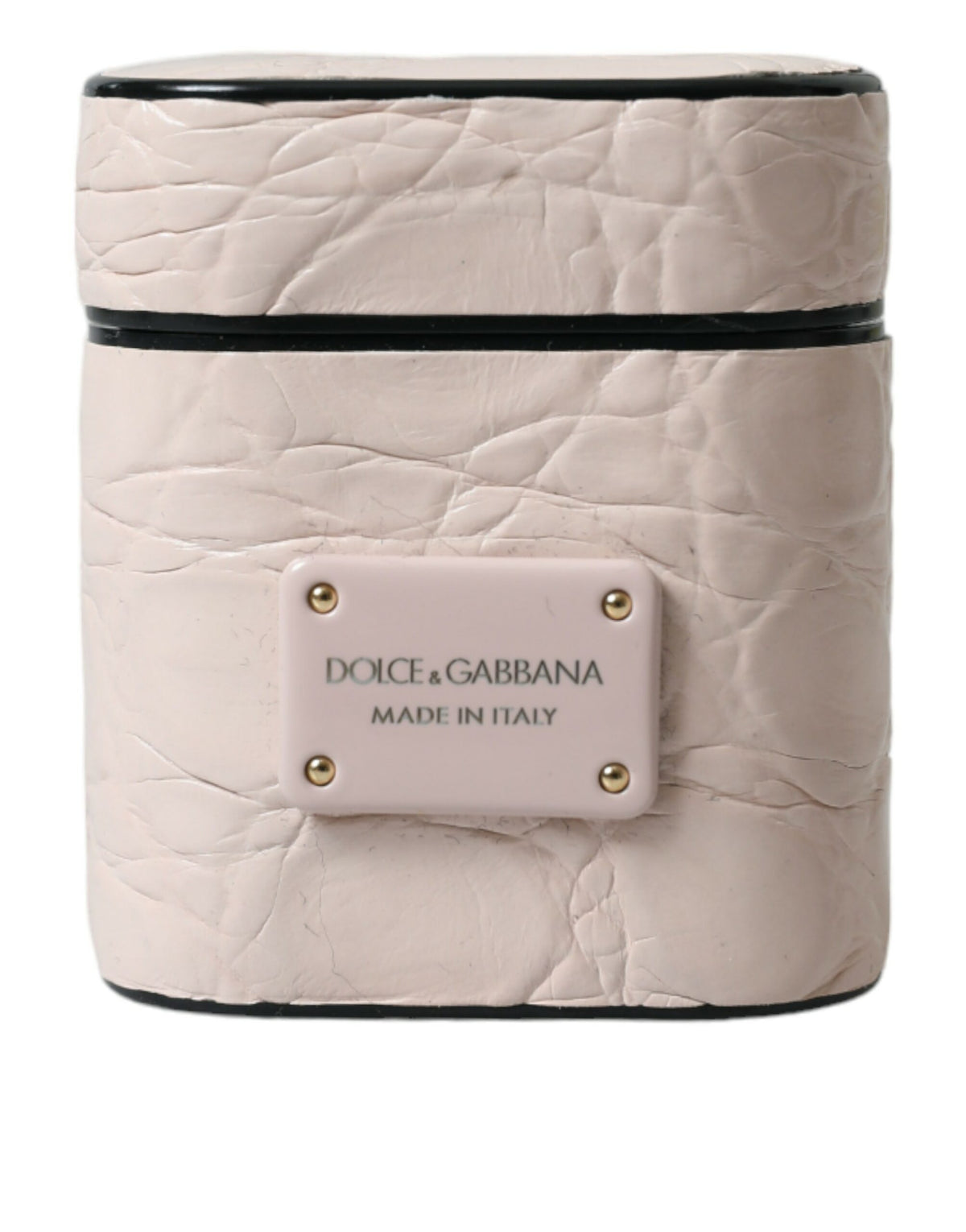 Dolce & Gabbana Light Pink Calf Leather Metal Logo Plaque Airpods Women's Case