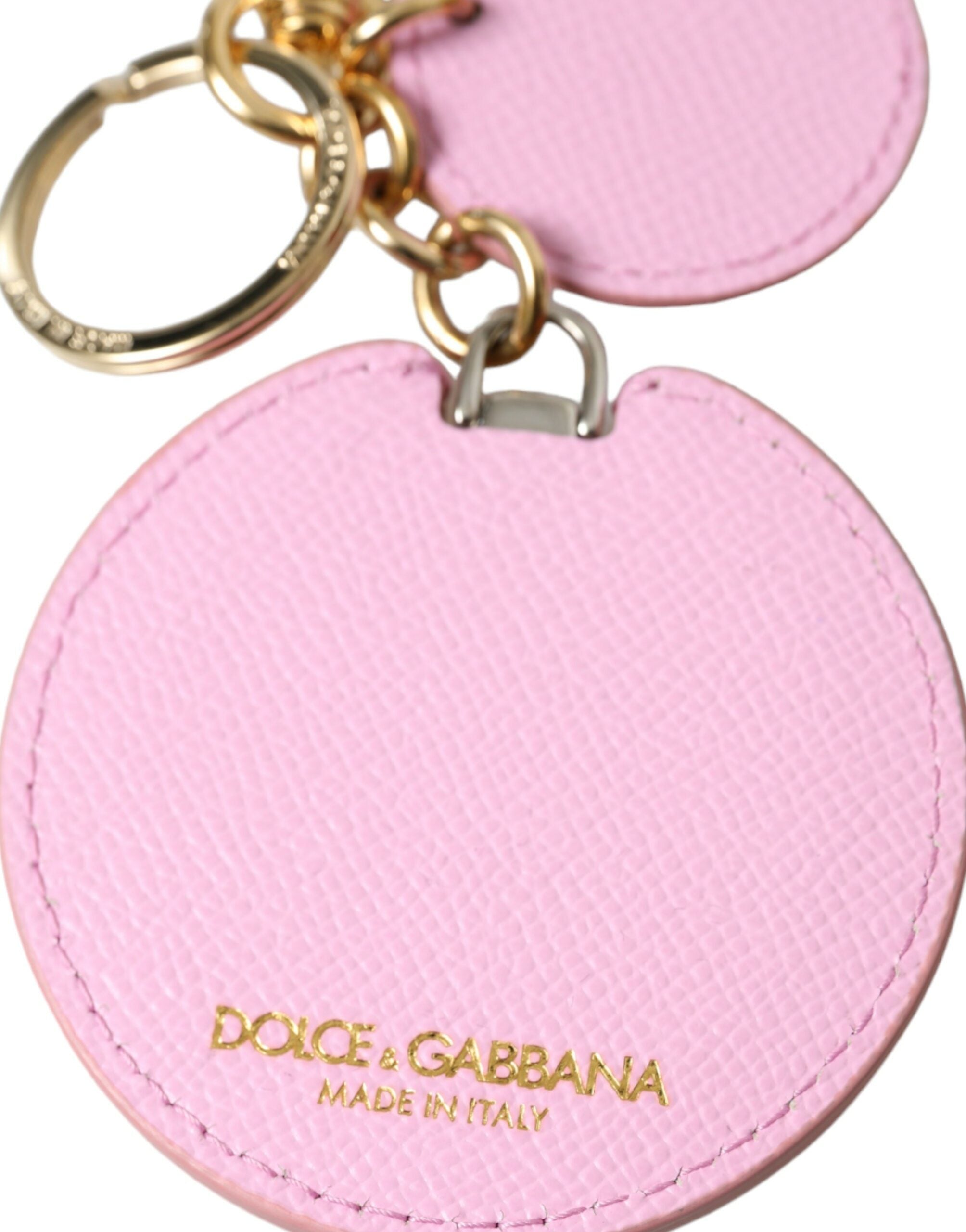 Dolce & Gabbana Pink Calf Leather Gold Metal Logo Print Keyring Women's Keychain