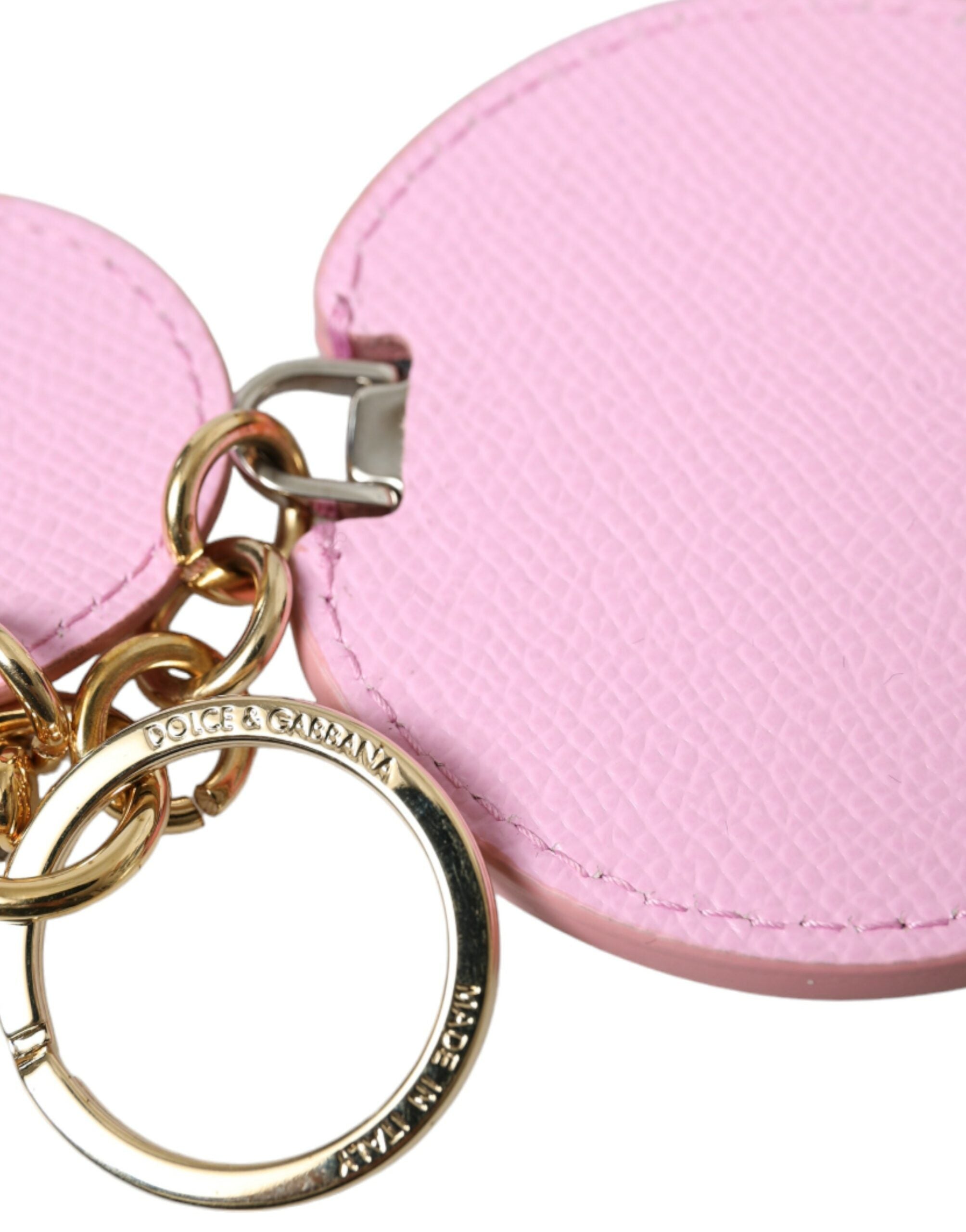 Dolce & Gabbana Pink Calf Leather Gold Metal Logo Print Keyring Women's Keychain