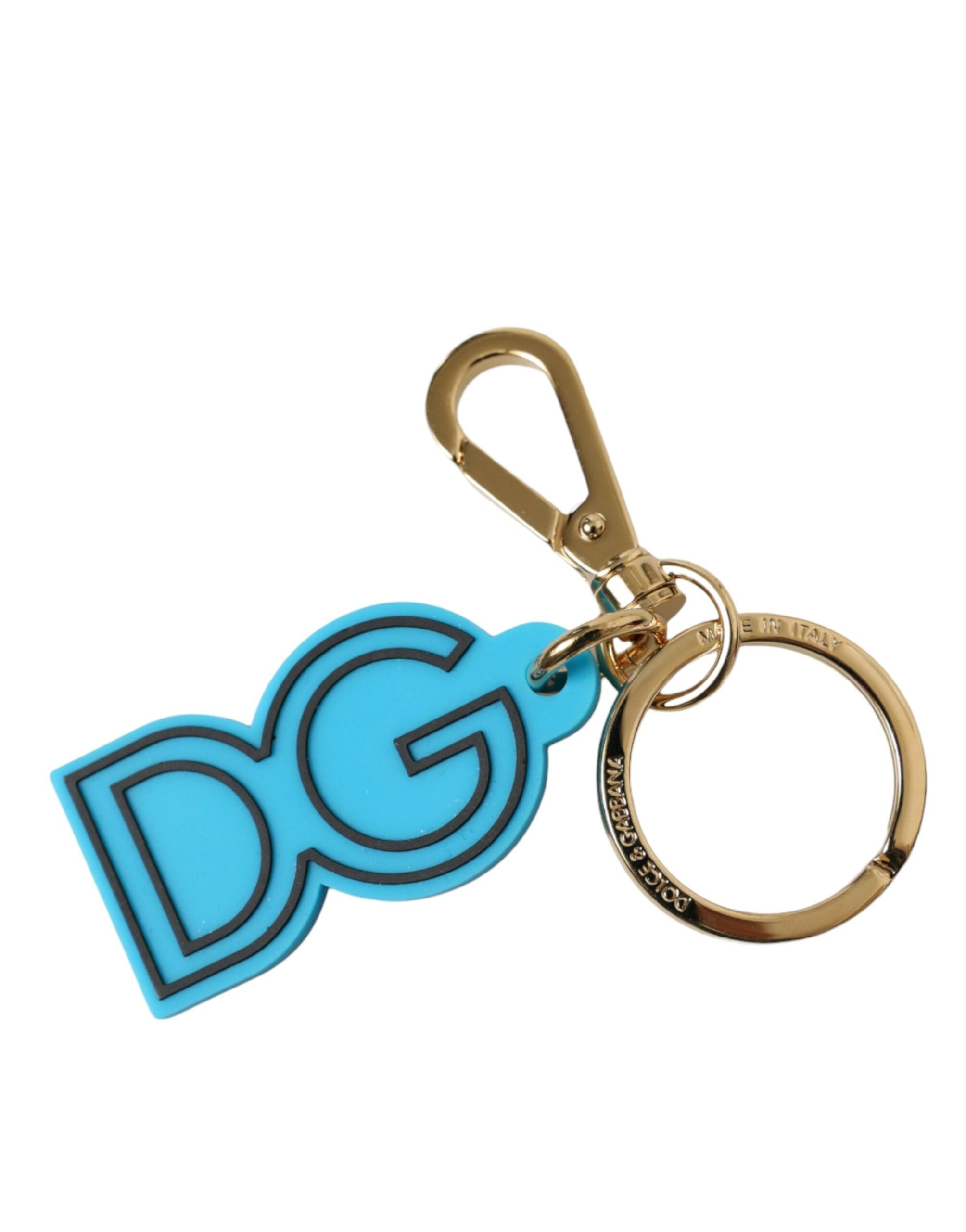 Dolce & Gabbana Blue Rubber Gold Tone Metal DG Logo Keyring Women's Keychain