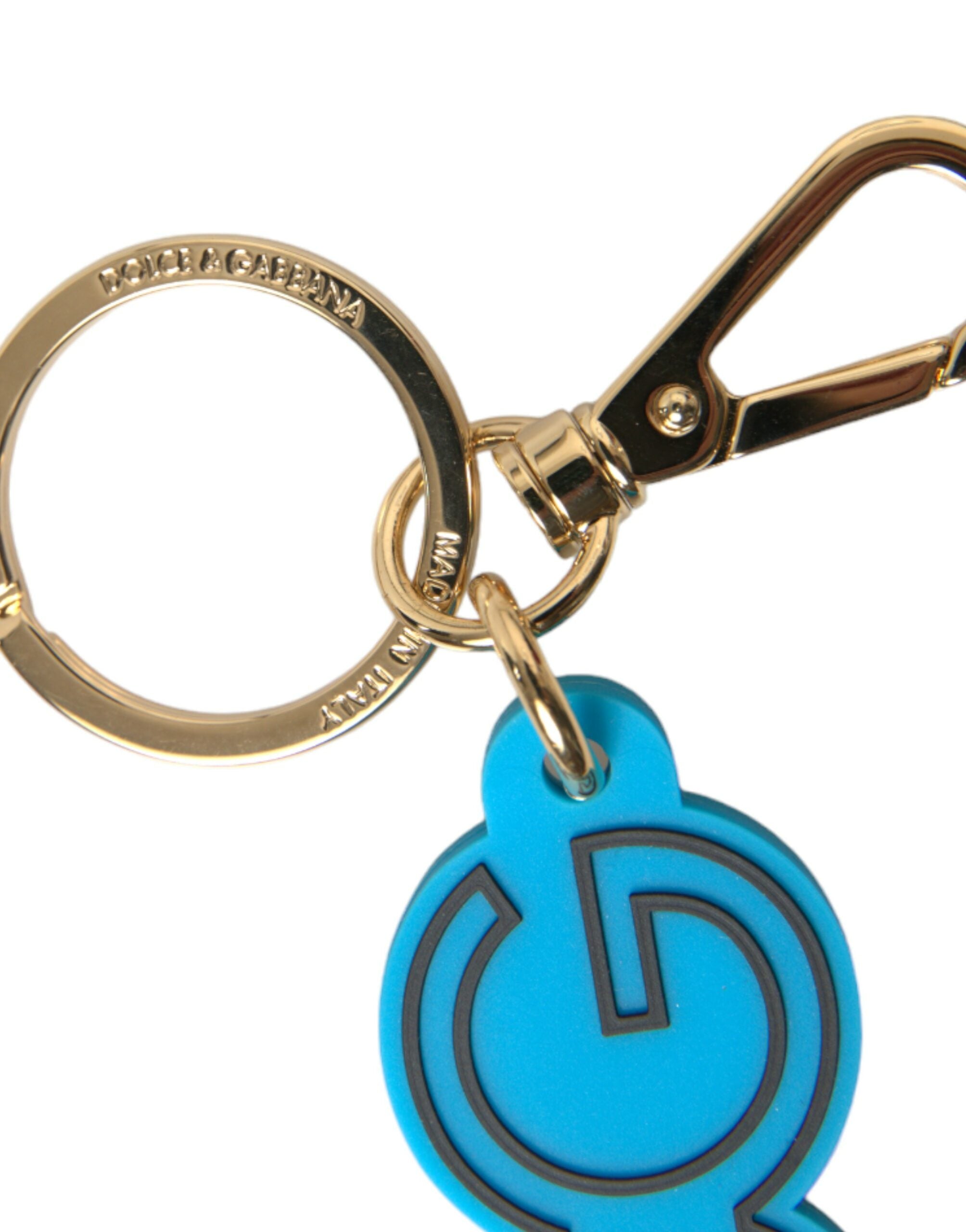 Dolce & Gabbana Blue Rubber Gold Tone Metal DG Logo Keyring Women's Keychain