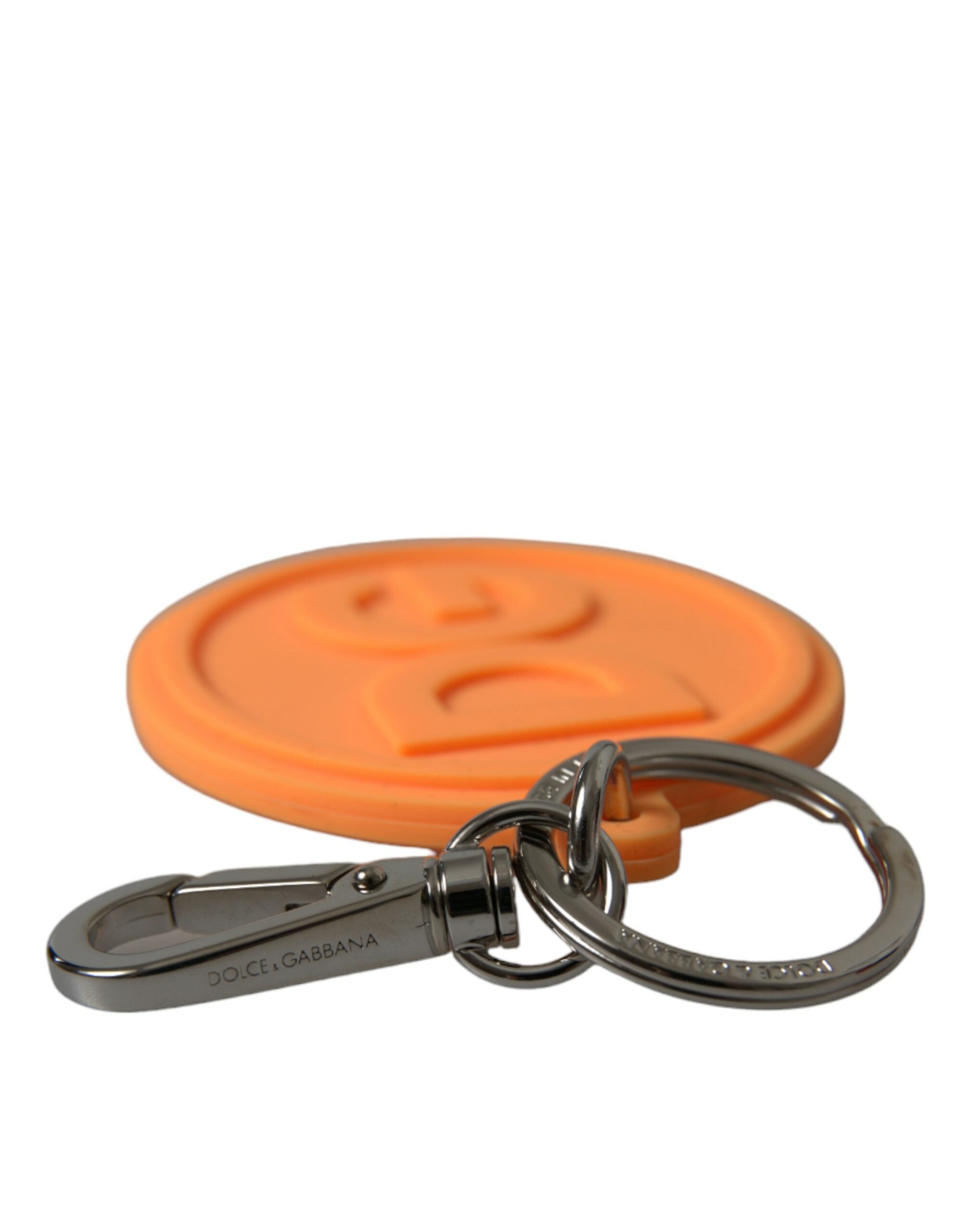Dolce & Gabbana Orange Rubber DG Logo Silver Brass Metal Keyring Women's Keychain