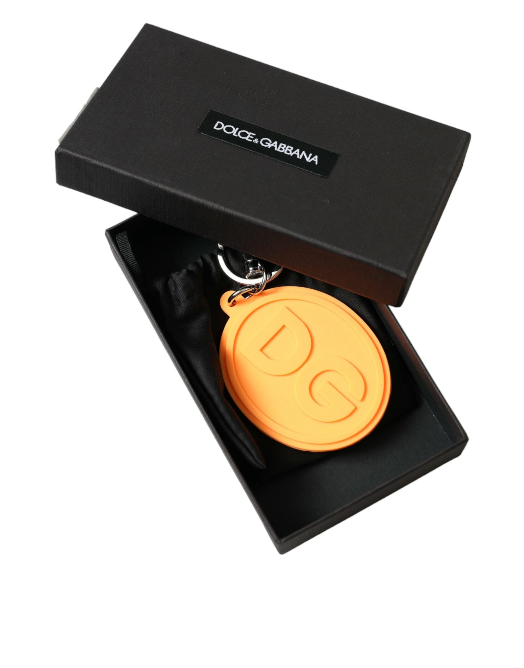 Dolce & Gabbana Orange Rubber DG Logo Silver Brass Metal Keyring Women's Keychain
