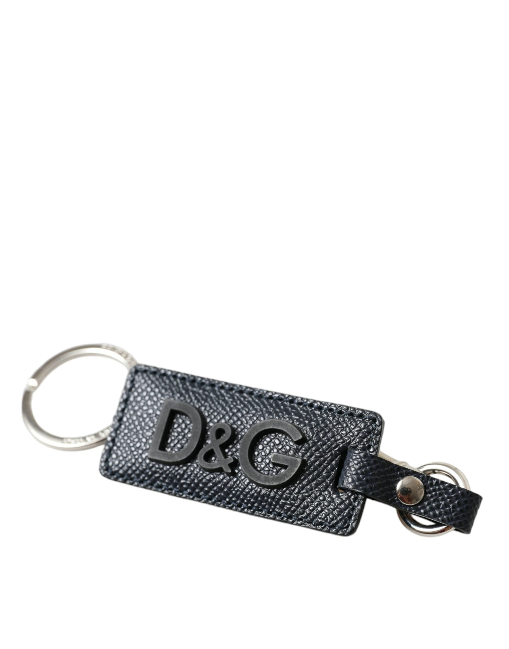 Dolce & Gabbana Black Calf Leather DG Logo Silver Brass Keyring Women's Keychain