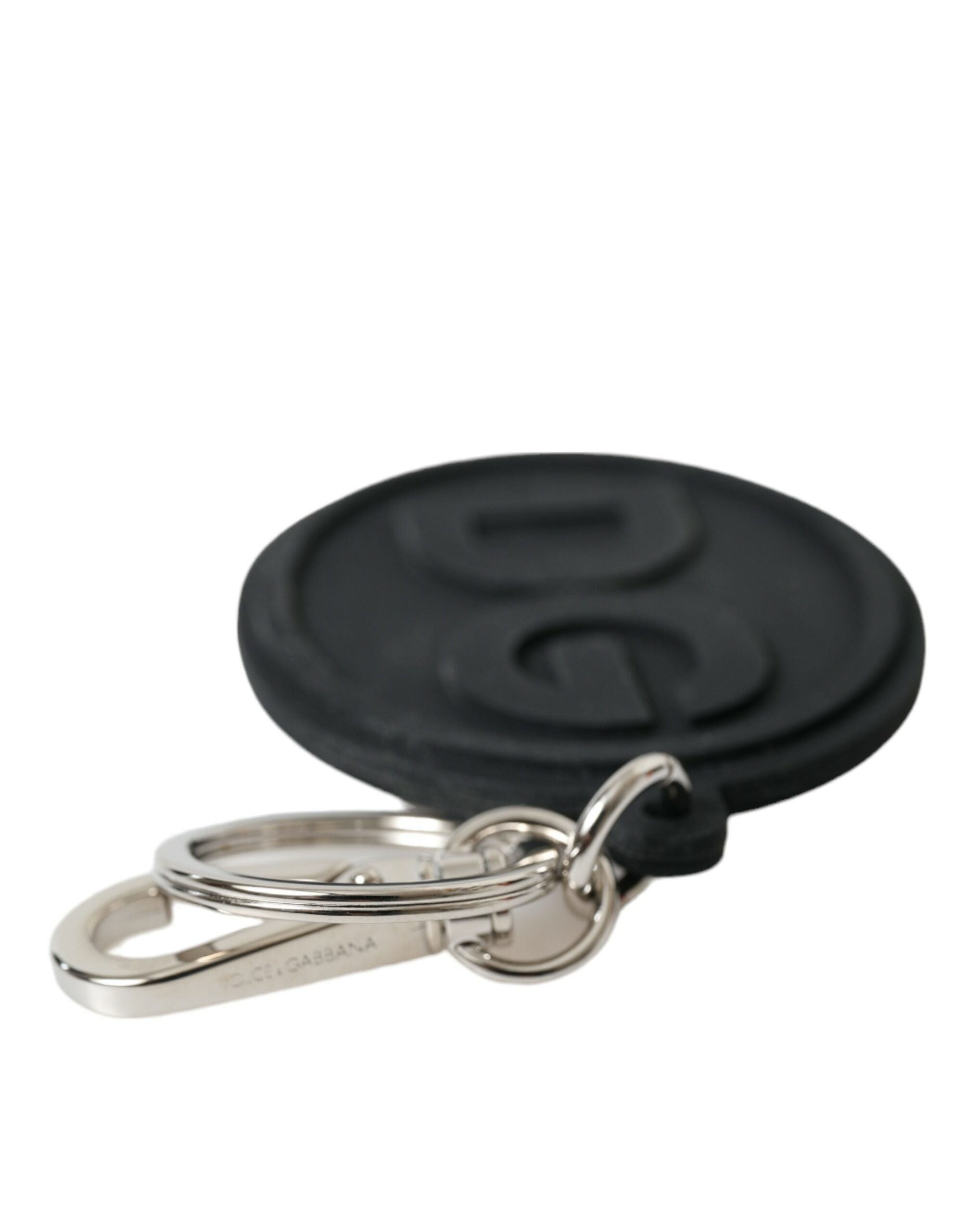 Dolce & Gabbana Black Rubber DG Logo Silver Brass Metal Keyring Women's Keychain
