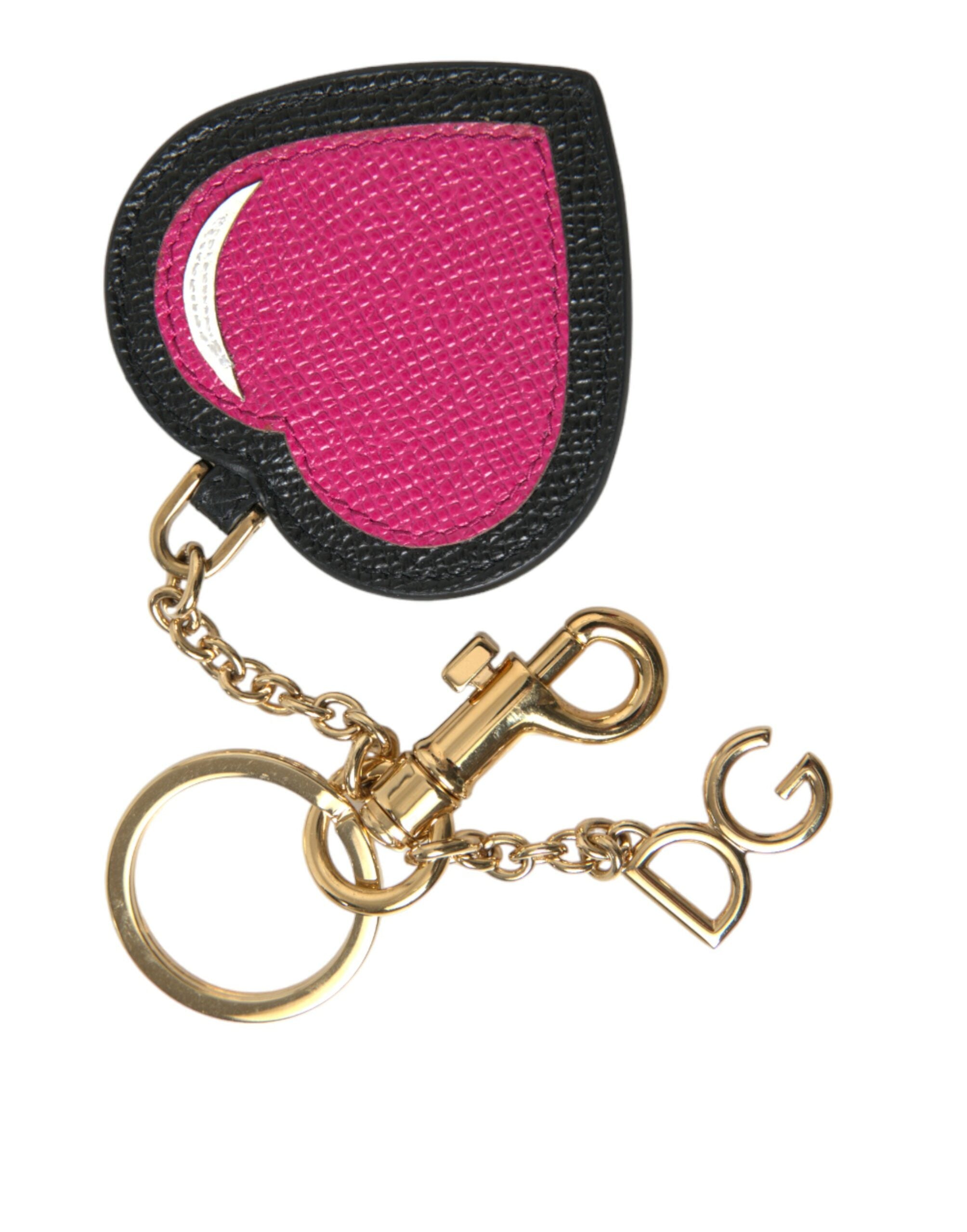 Dolce & Gabbana Pink Black Heart Leather Gold Tone Brass Keyring Women's Keychain