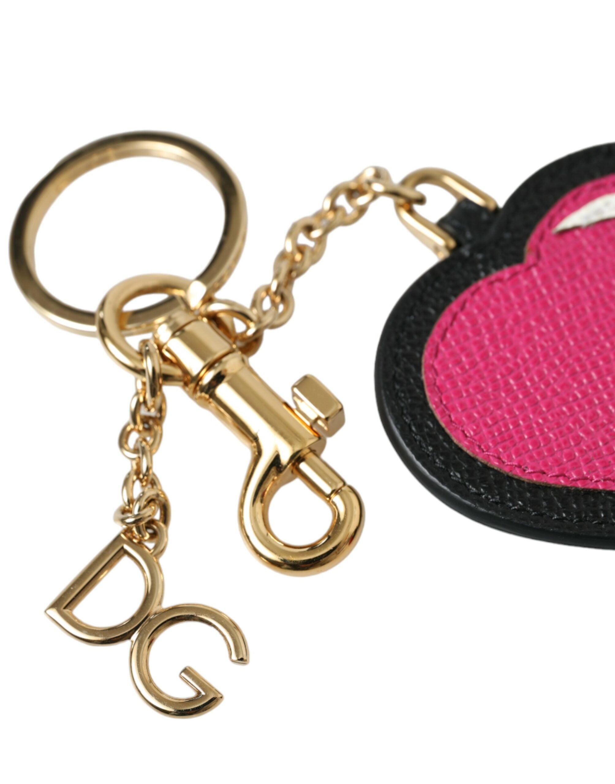 Dolce & Gabbana Pink Black Heart Leather Gold Tone Brass Keyring Women's Keychain