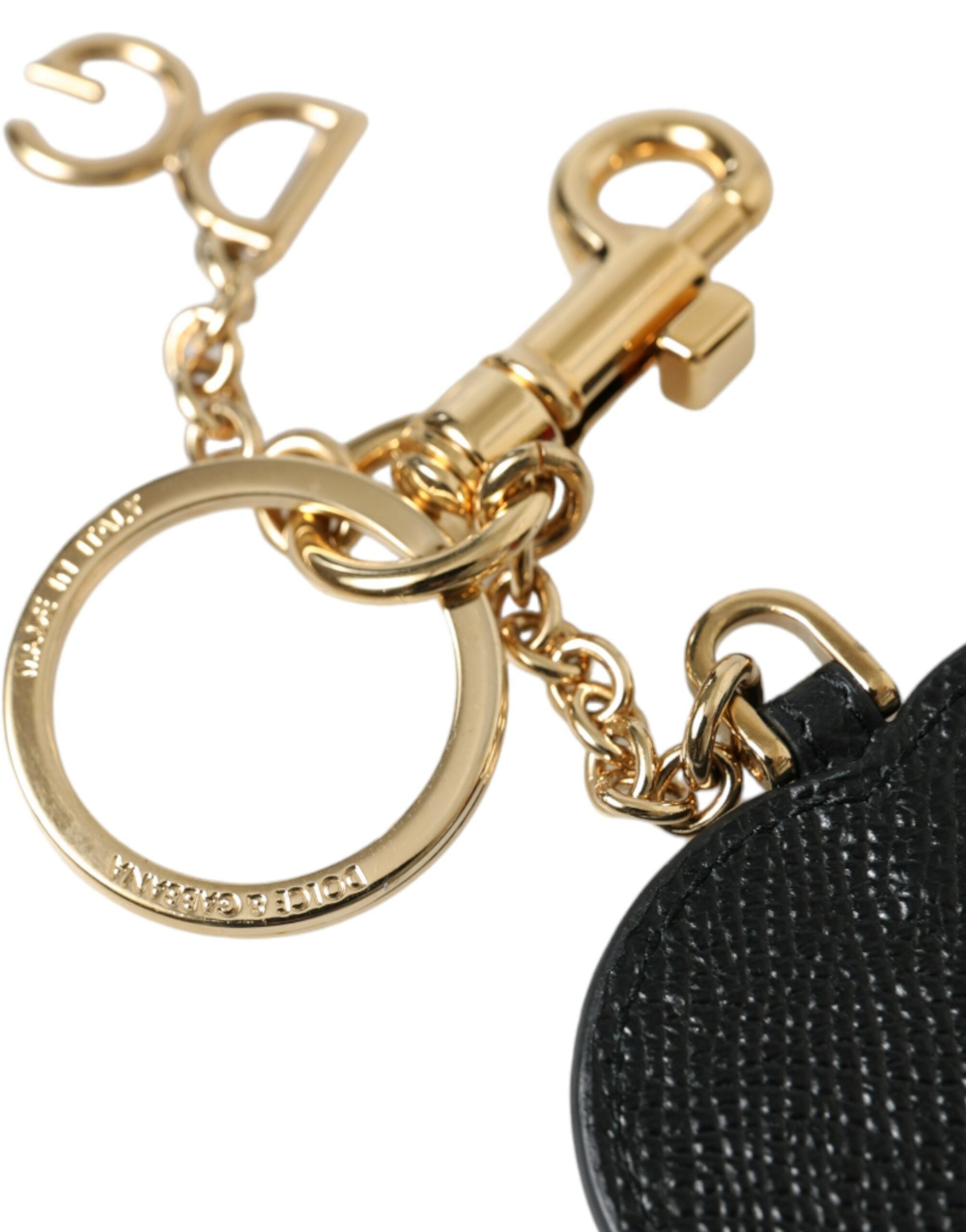 Dolce & Gabbana Pink Black Heart Leather Gold Tone Brass Keyring Women's Keychain