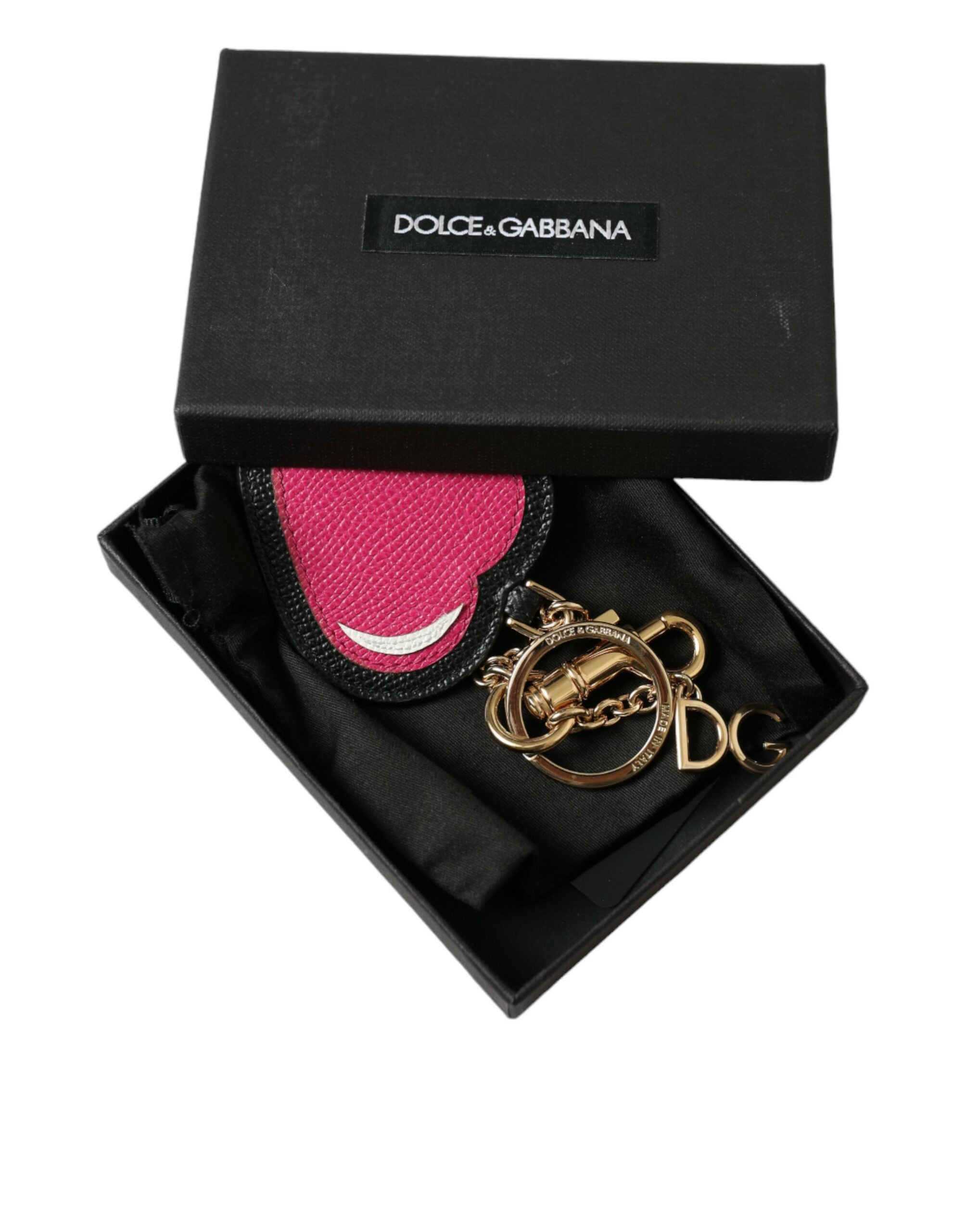 Dolce & Gabbana Pink Black Heart Leather Gold Tone Brass Keyring Women's Keychain
