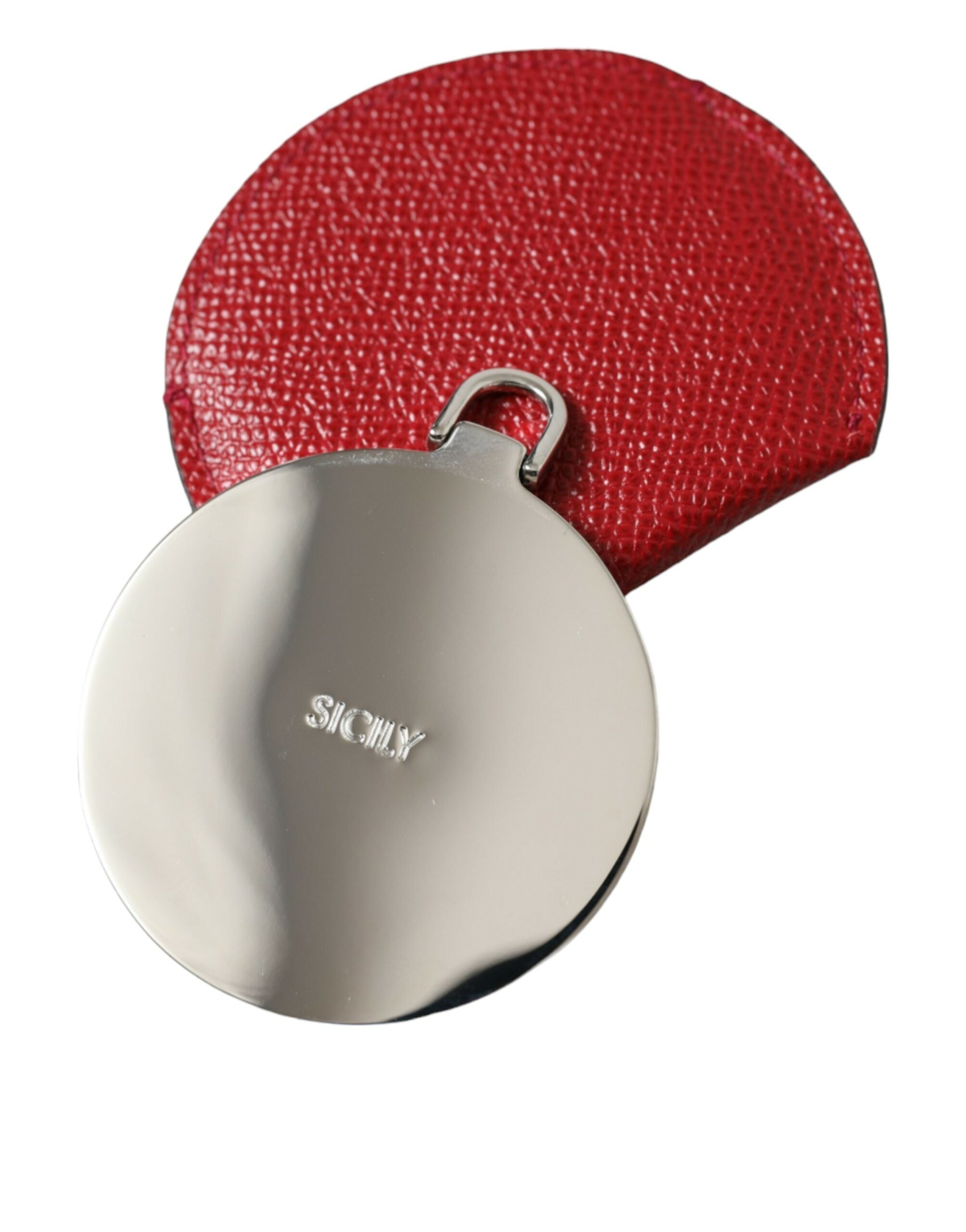 Dolce & Gabbana Red Calfskin Leather Round Logo Hand Mirror Women's Holder