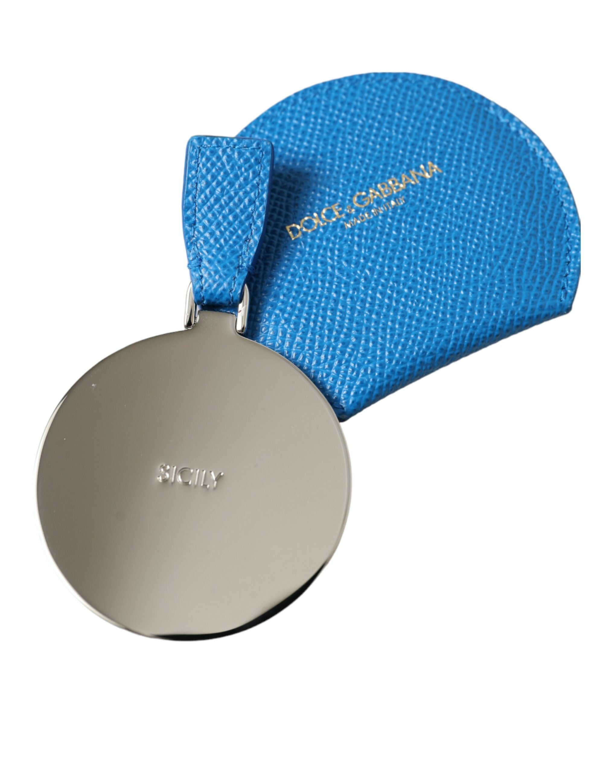 Dolce & Gabbana Blue Calfskin Leather Round Logo Hand Mirror Women's Holder