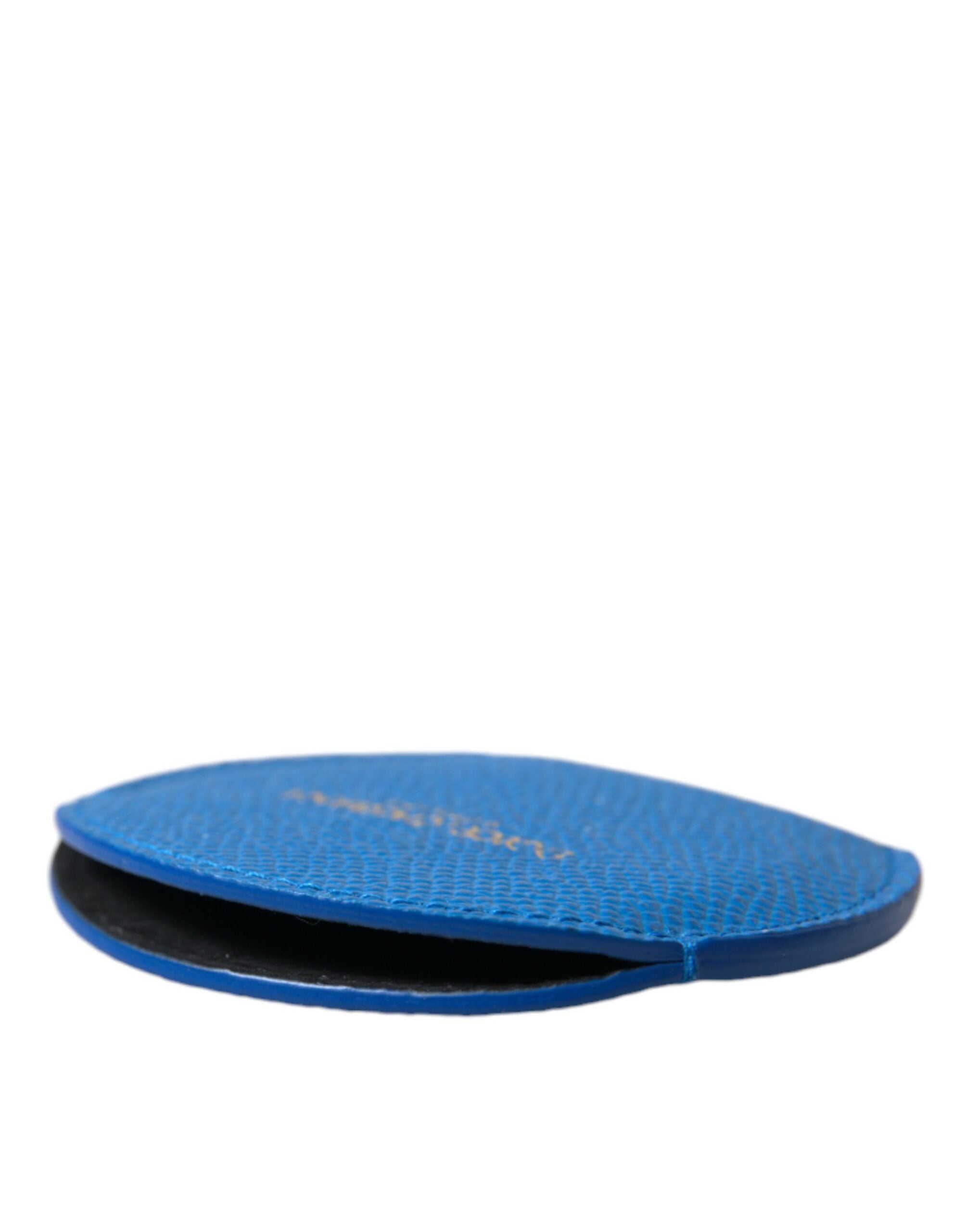 Dolce & Gabbana Blue Calfskin Leather Round Logo Hand Mirror Women's Holder
