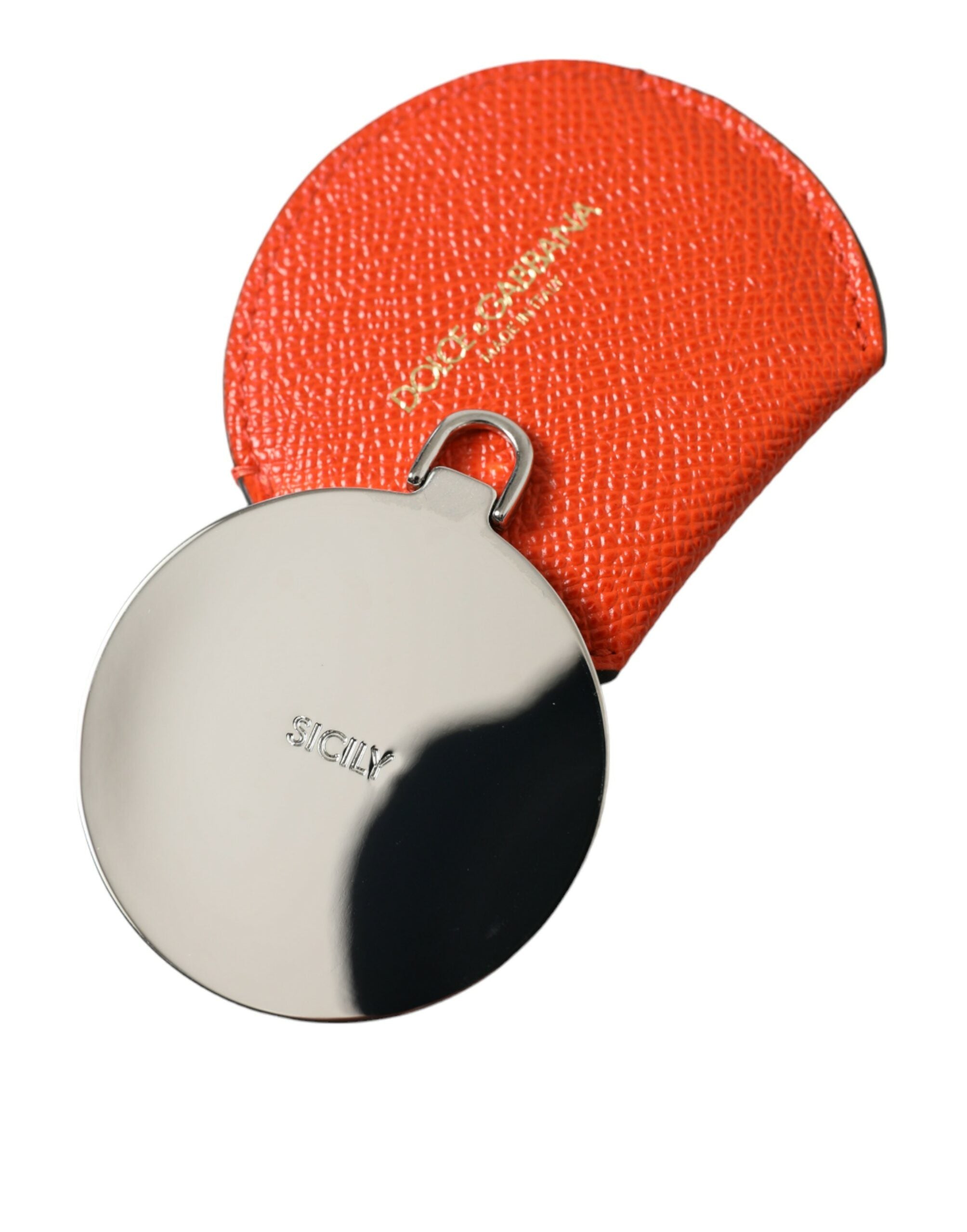 Dolce & Gabbana Orange Calfskin Leather Round Logo Hand Mirror Women's Holder