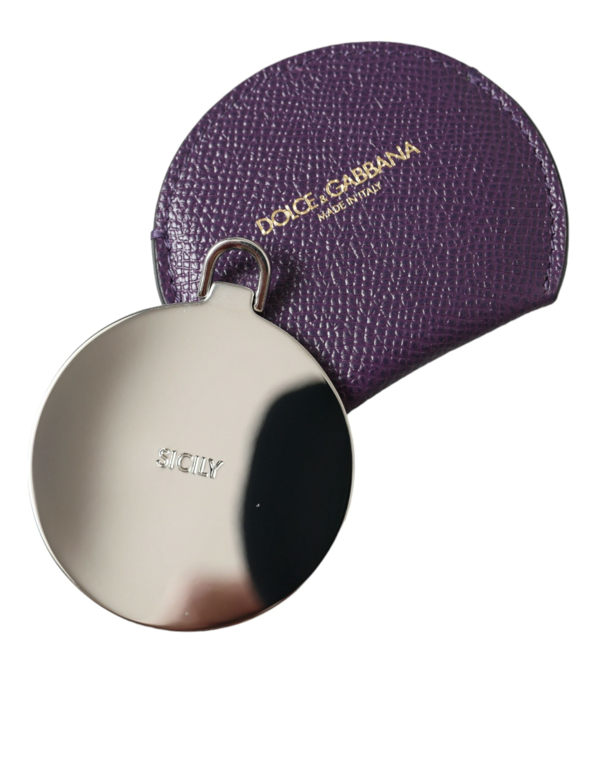 Dolce & Gabbana Purple Calfskin Leather Round Logo Hand Mirror Women's Holder