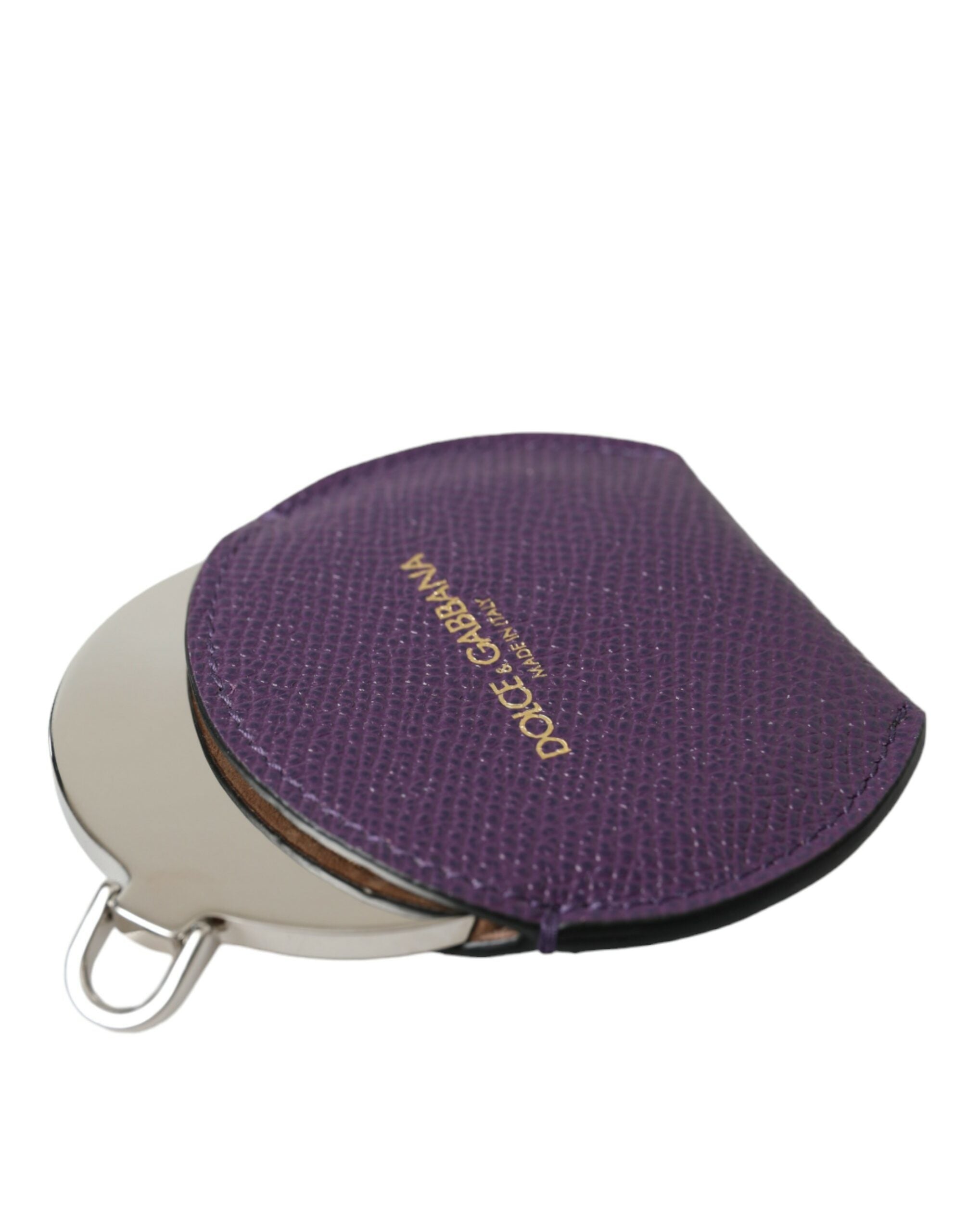 Dolce & Gabbana Purple Calfskin Leather Round Logo Hand Mirror Women's Holder