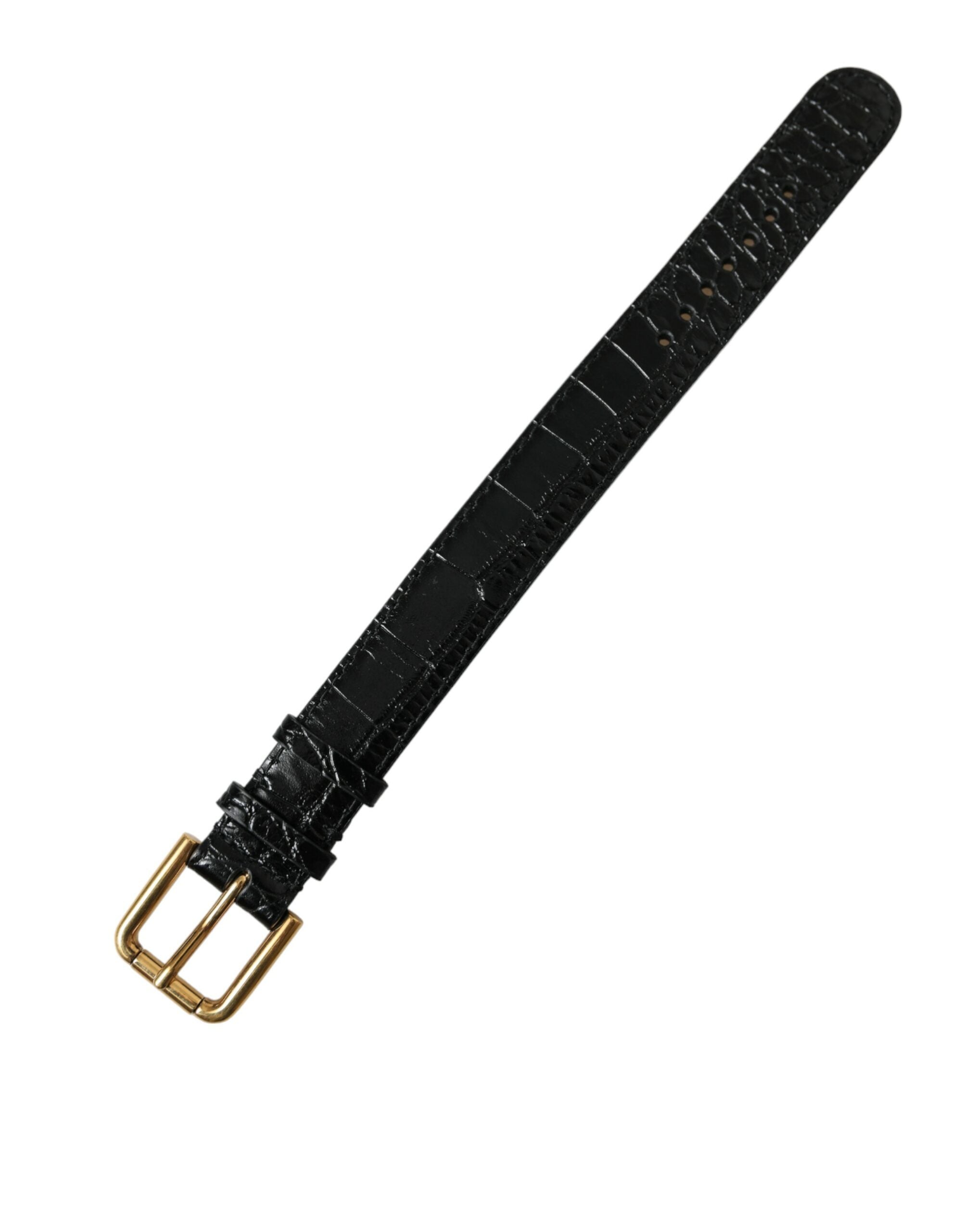 Dolce & Gabbana Black Textured Leather Gold Tone Metal Buckle Women's Armband