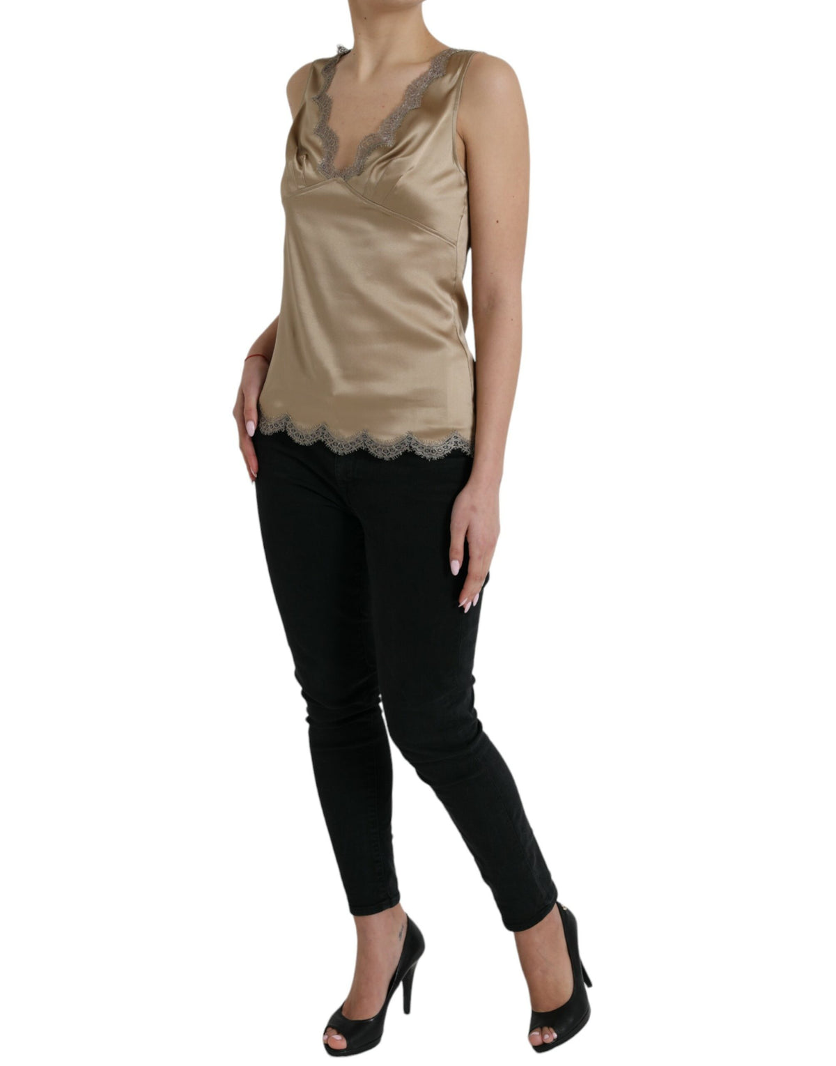 Dolce & Gabbana Brown Lace Trim V-neck Sleeveless Tank Women's Top (Pre-Owned)