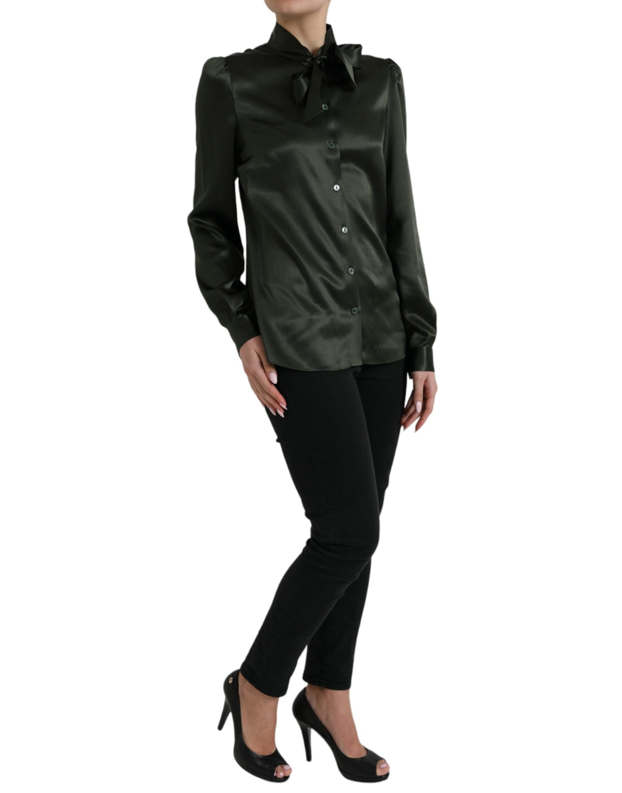 Dolce & Gabbana Gray Long Sleeves Ascot Collar Blouse Women's Top