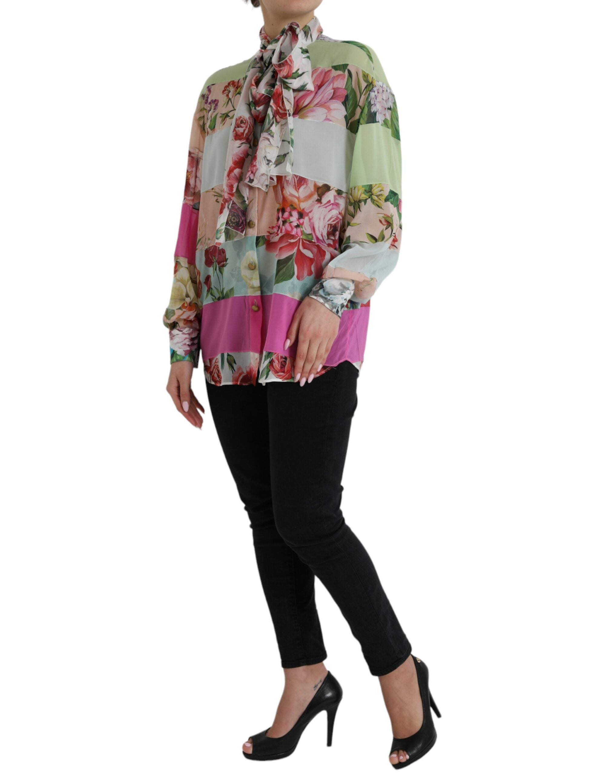 Dolce & Gabbana Multicolor Floral Patchwork Ascot Collar Women's Top