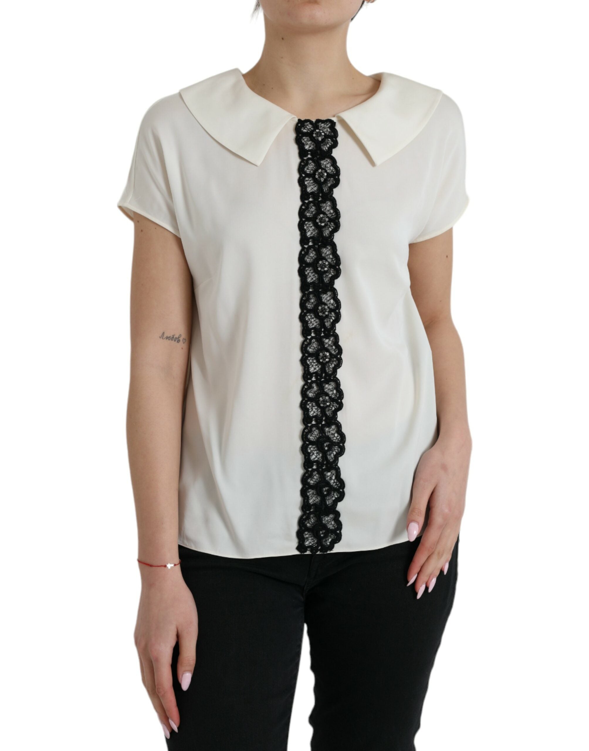 Dolce & Gabbana Off White Silk Lace Trim Short Sleeves Women's Top