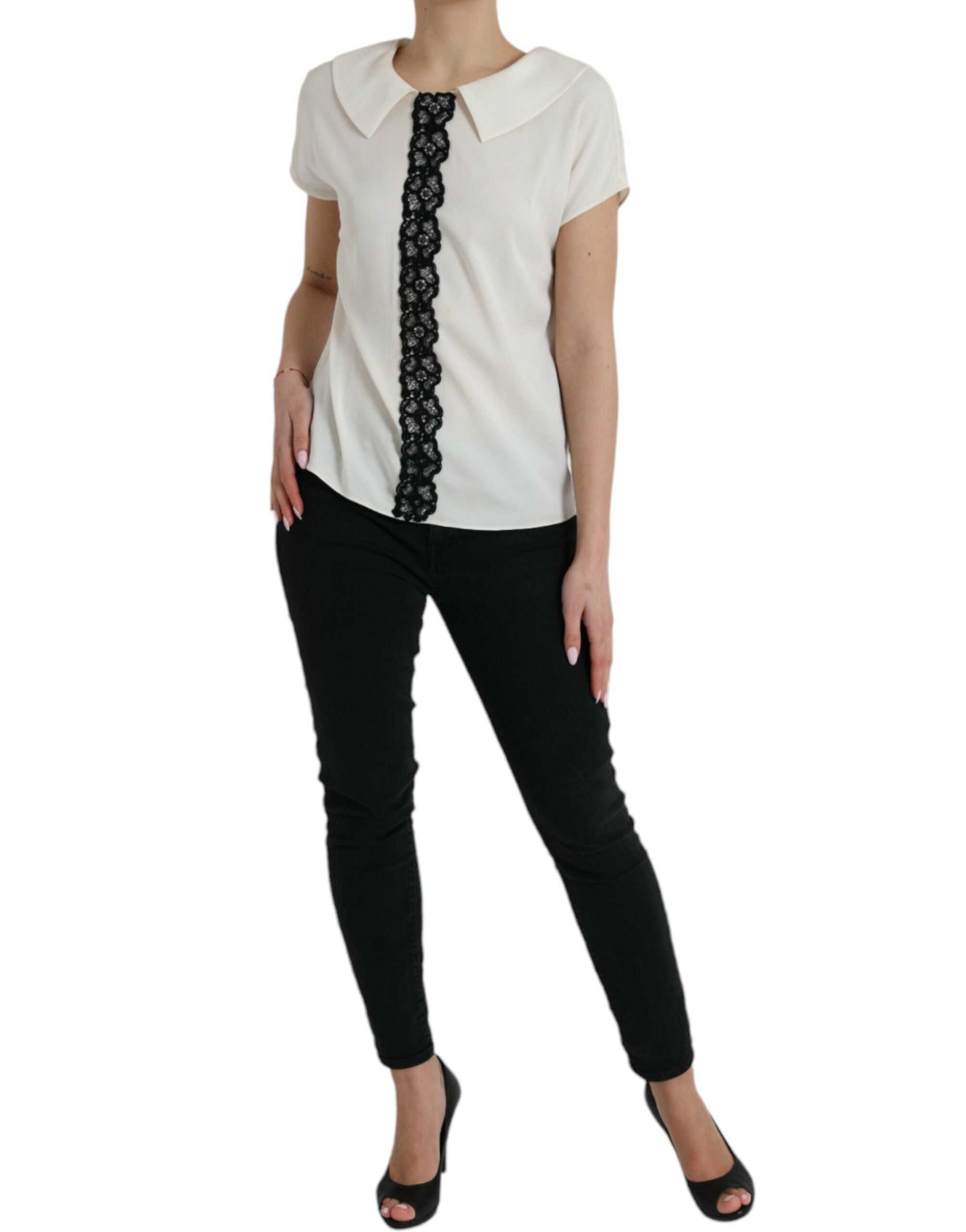 Dolce & Gabbana Off White Silk Lace Trim Short Sleeves Women's Top