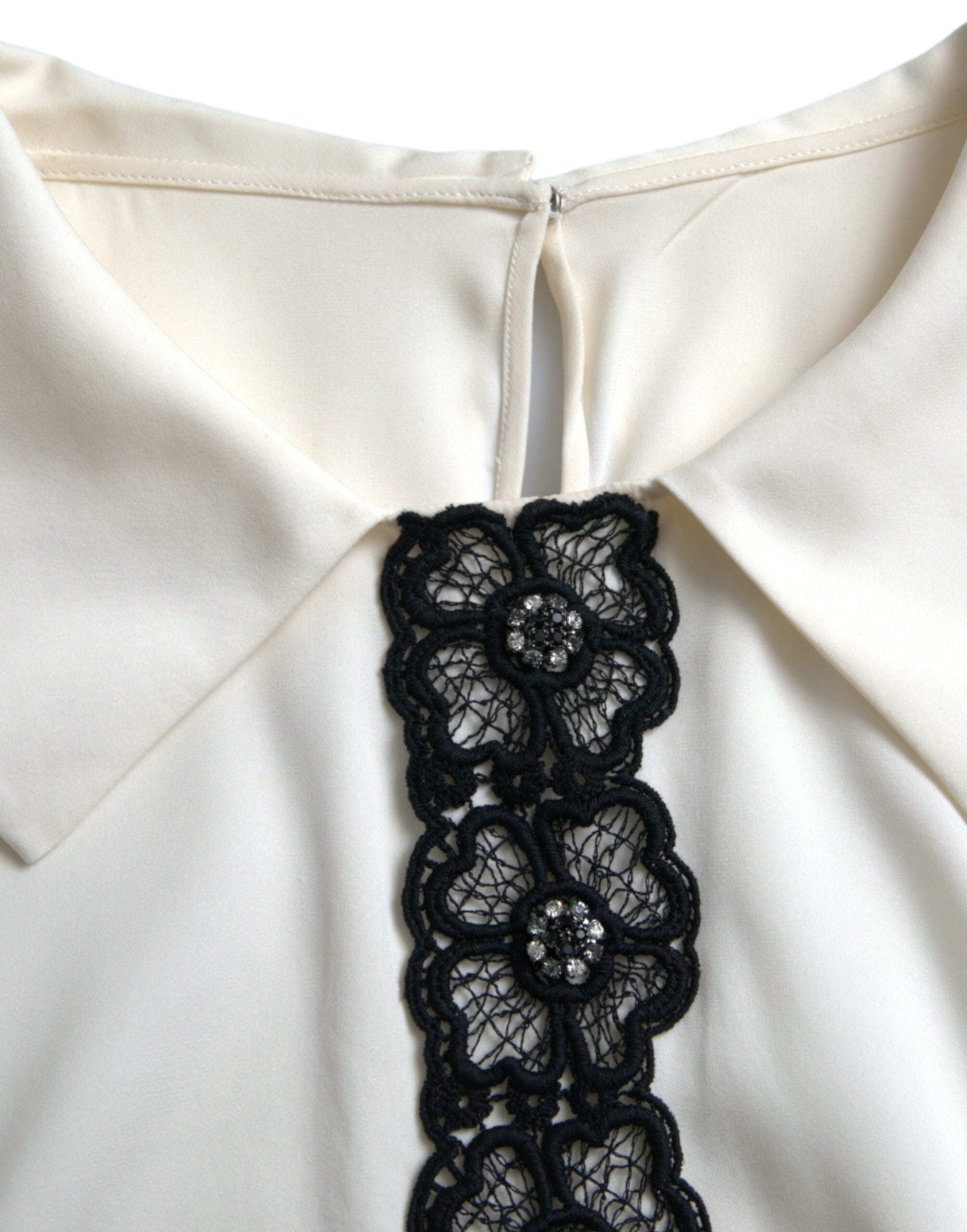 Dolce & Gabbana Off White Silk Lace Trim Short Sleeves Women's Top