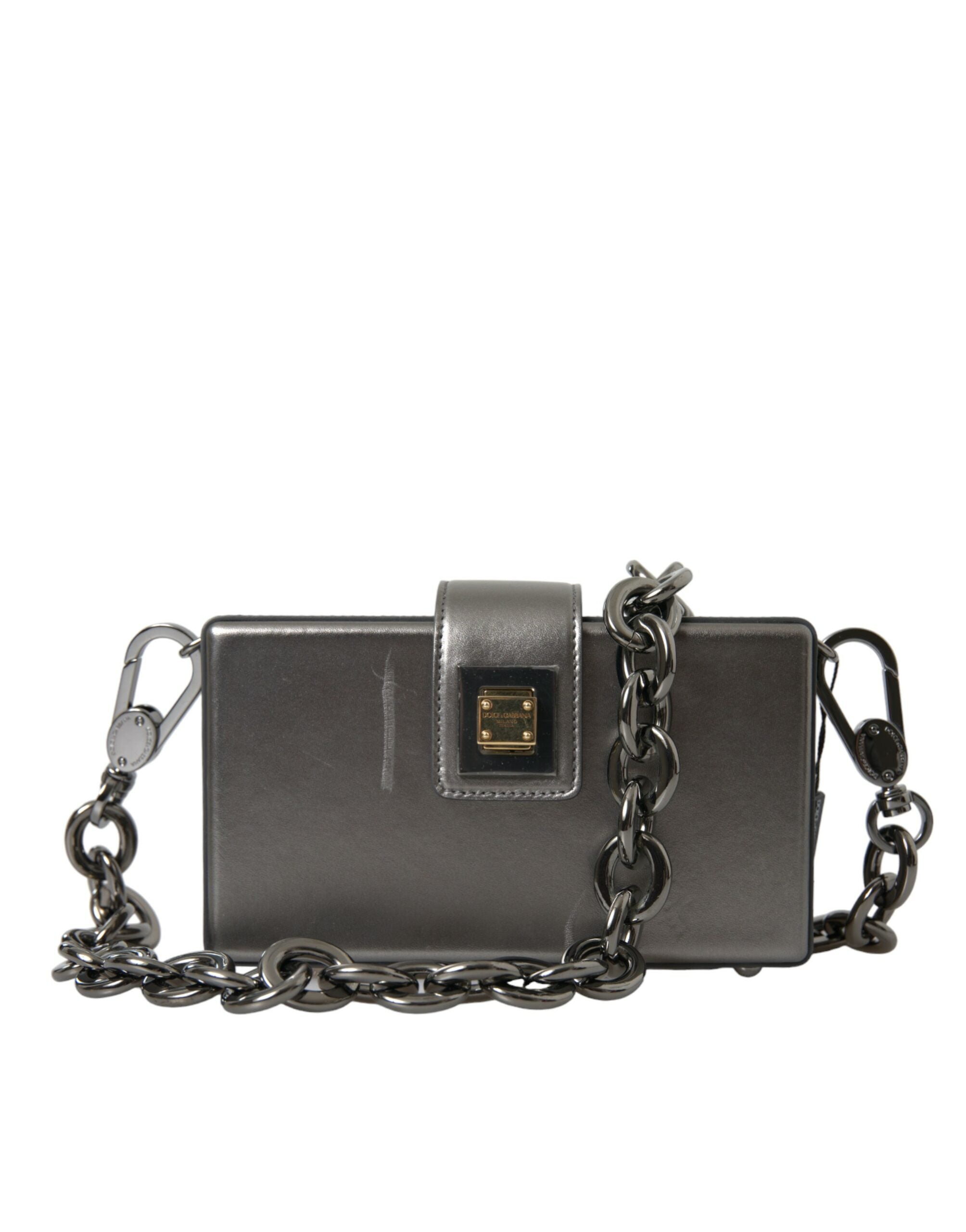 Dolce & Gabbana Metallic Gray Calfskin Shoulder Bag with Chain Men's Strap (Pre-Owned)