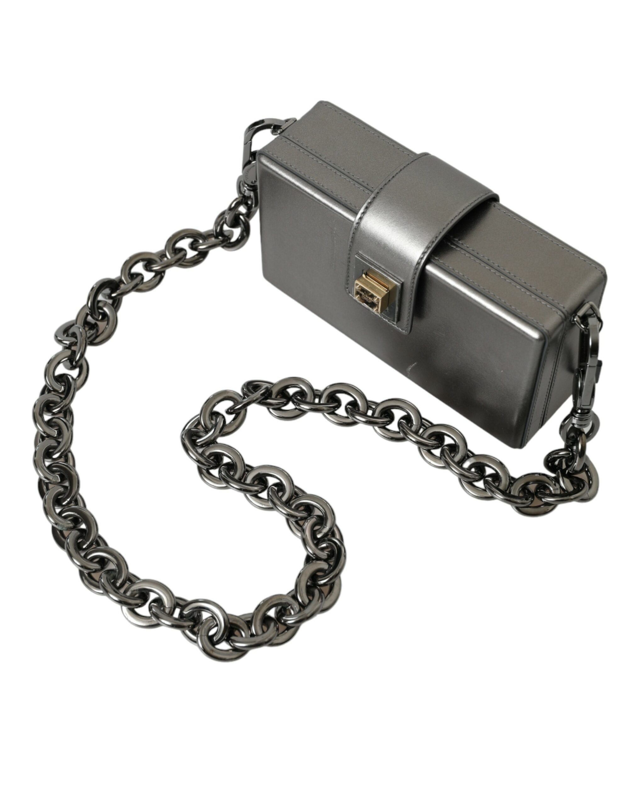 Dolce & Gabbana Metallic Gray Calfskin Shoulder Bag with Chain Men's Strap (Pre-Owned)