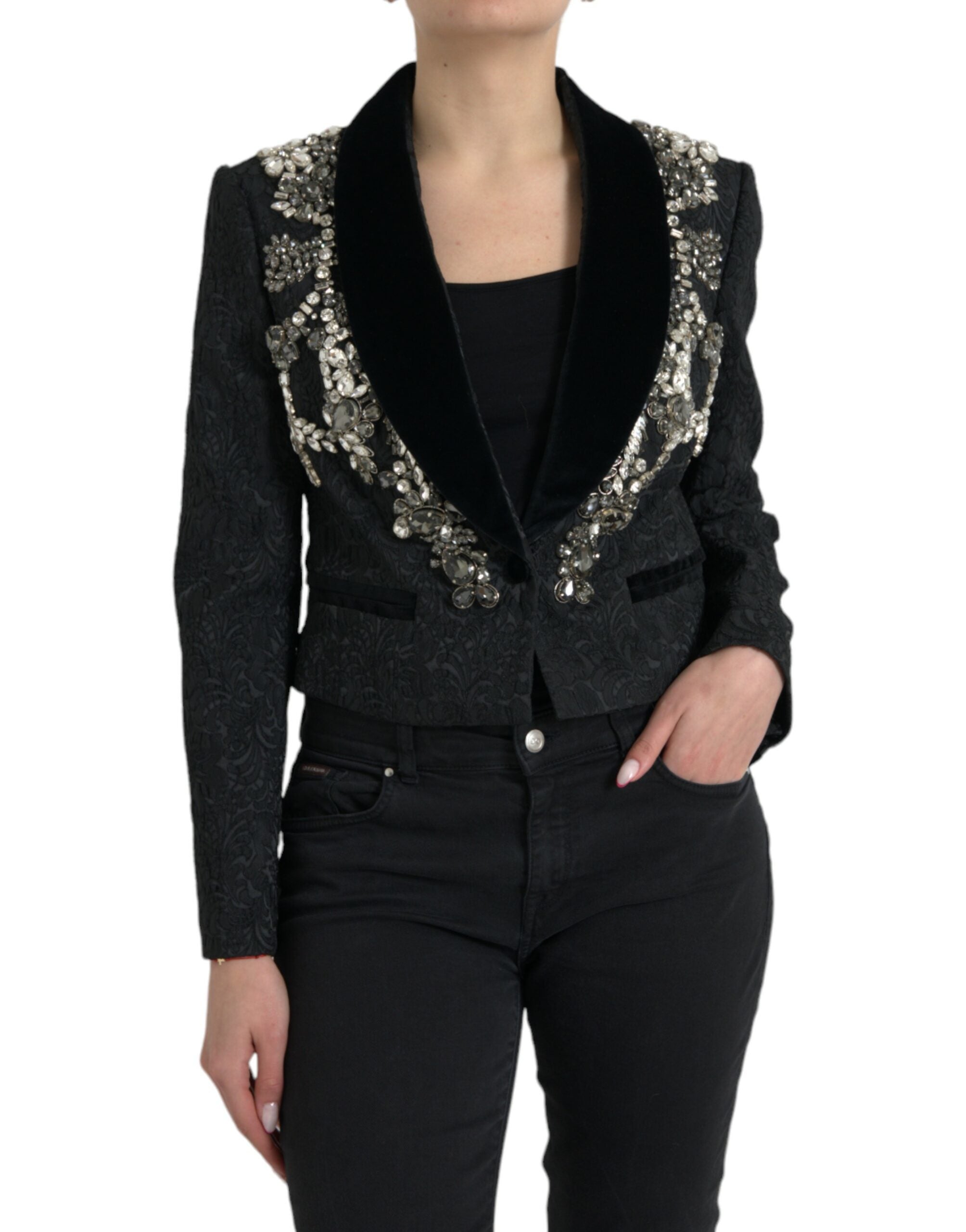 Dolce & Gabbana Black Crystal Embellished Overcoat Women's Jacket