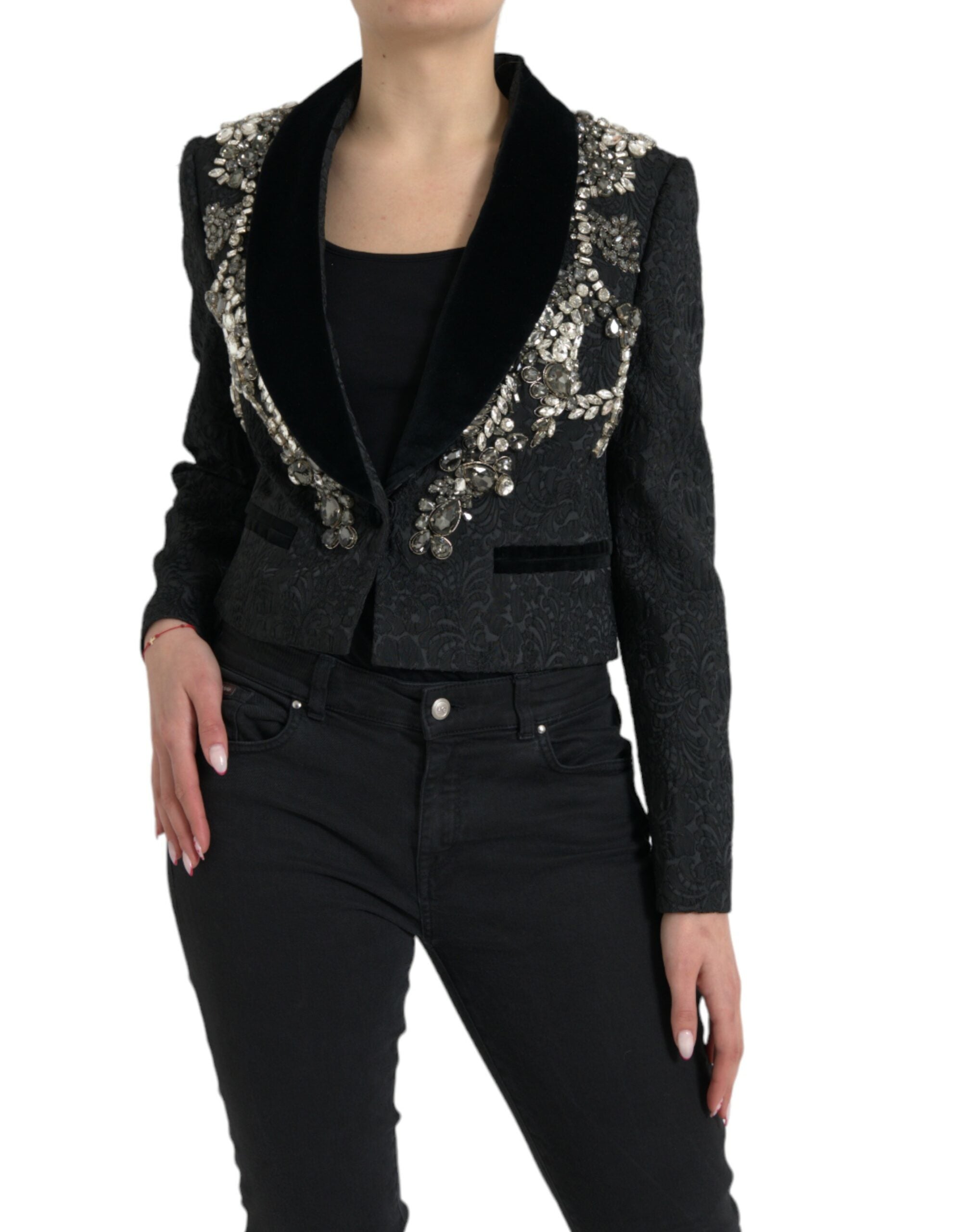 Dolce & Gabbana Black Crystal Embellished Overcoat Women's Jacket