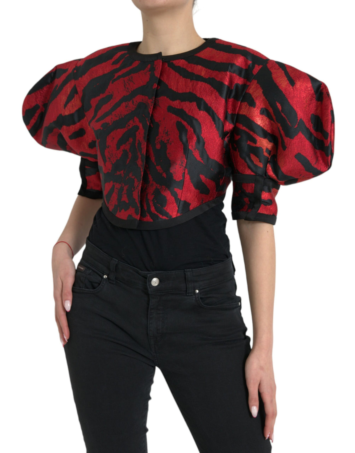 Dolce & Gabbana Black Red Patterned Cropped Coat Women's Jacket