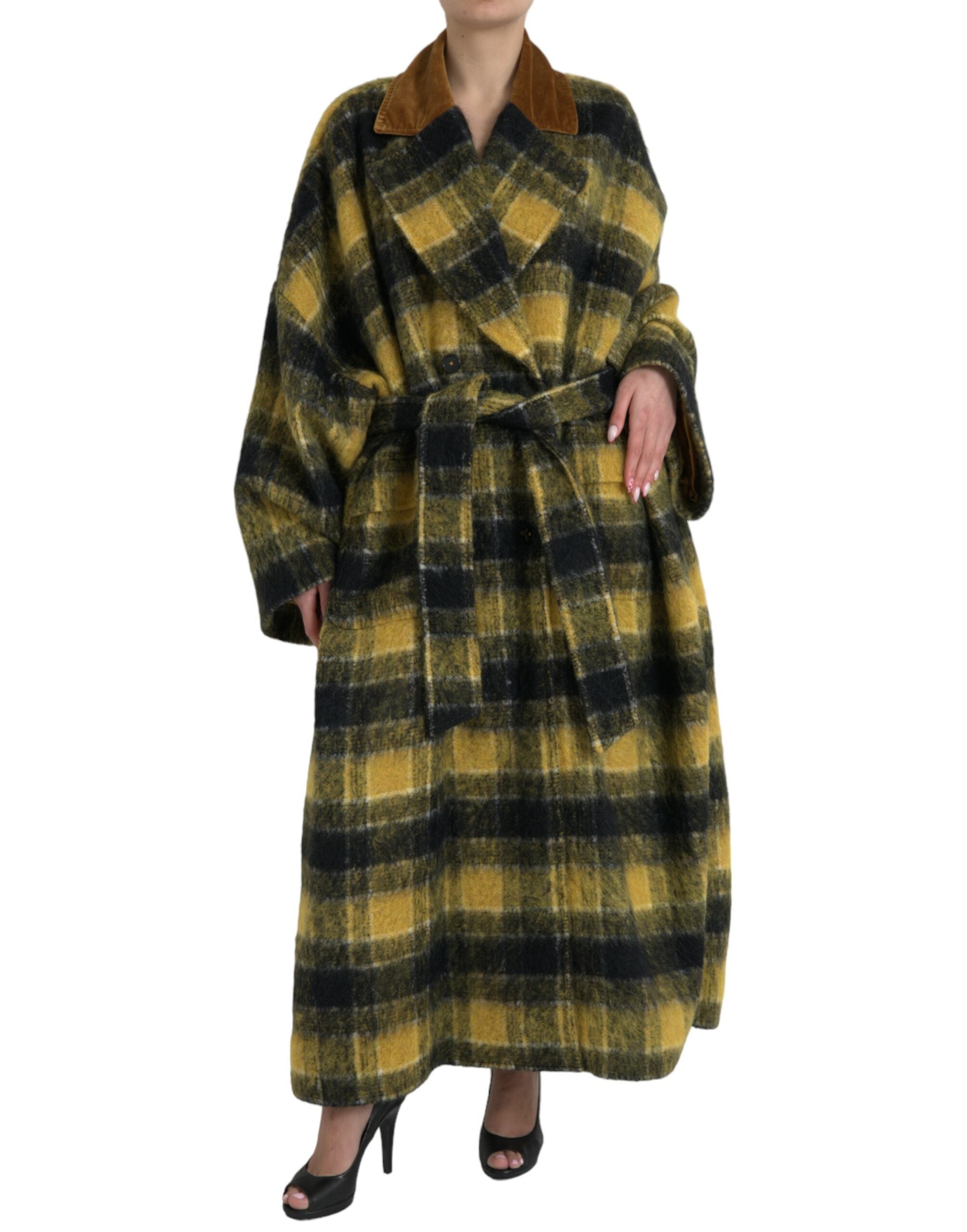 Dolce & Gabbana Chic Checkered Long Trench Coat in Sunny Women's Yellow