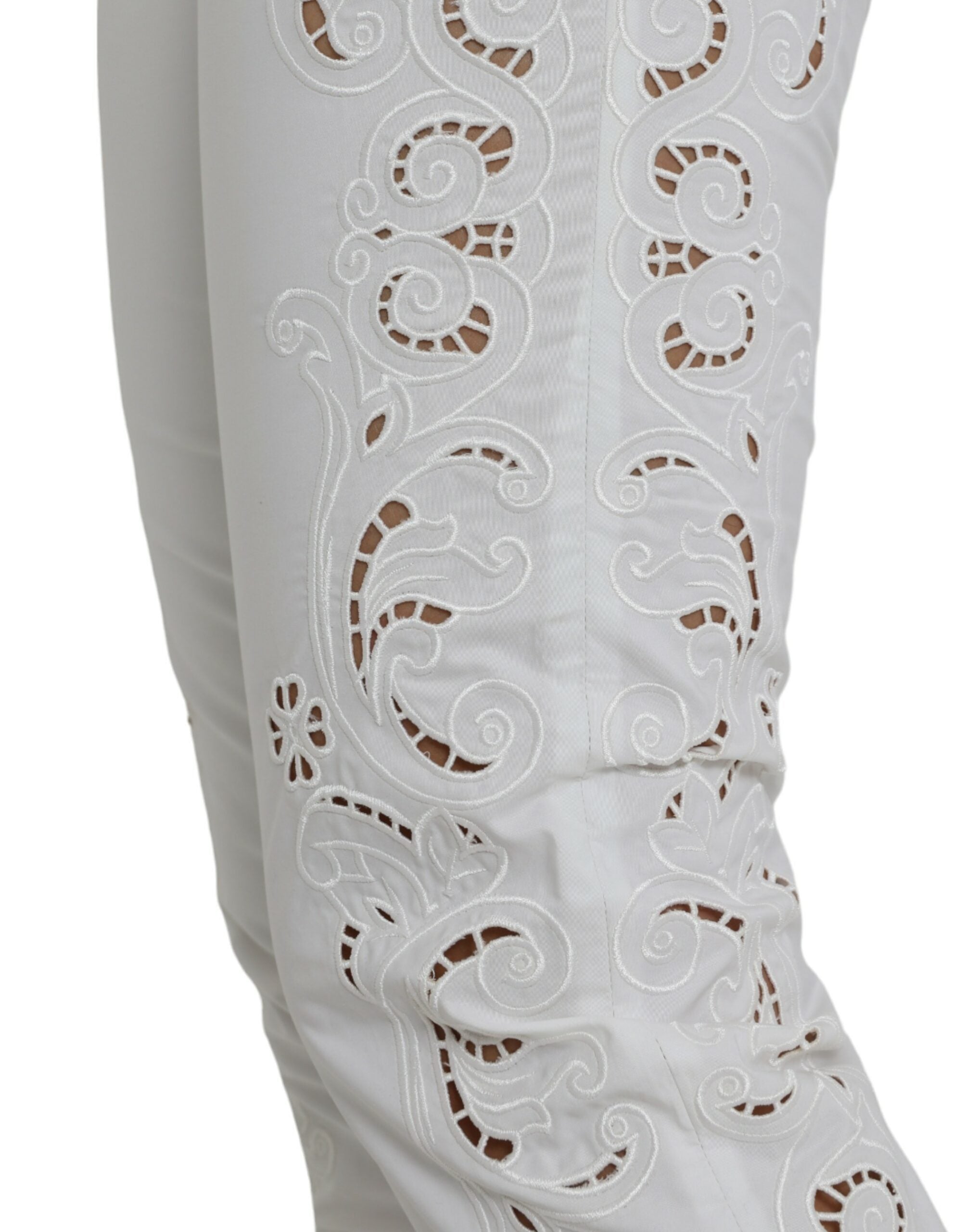 Dolce & Gabbana White Cut Out Cotton Mid Waist Cropped Women's Pants
