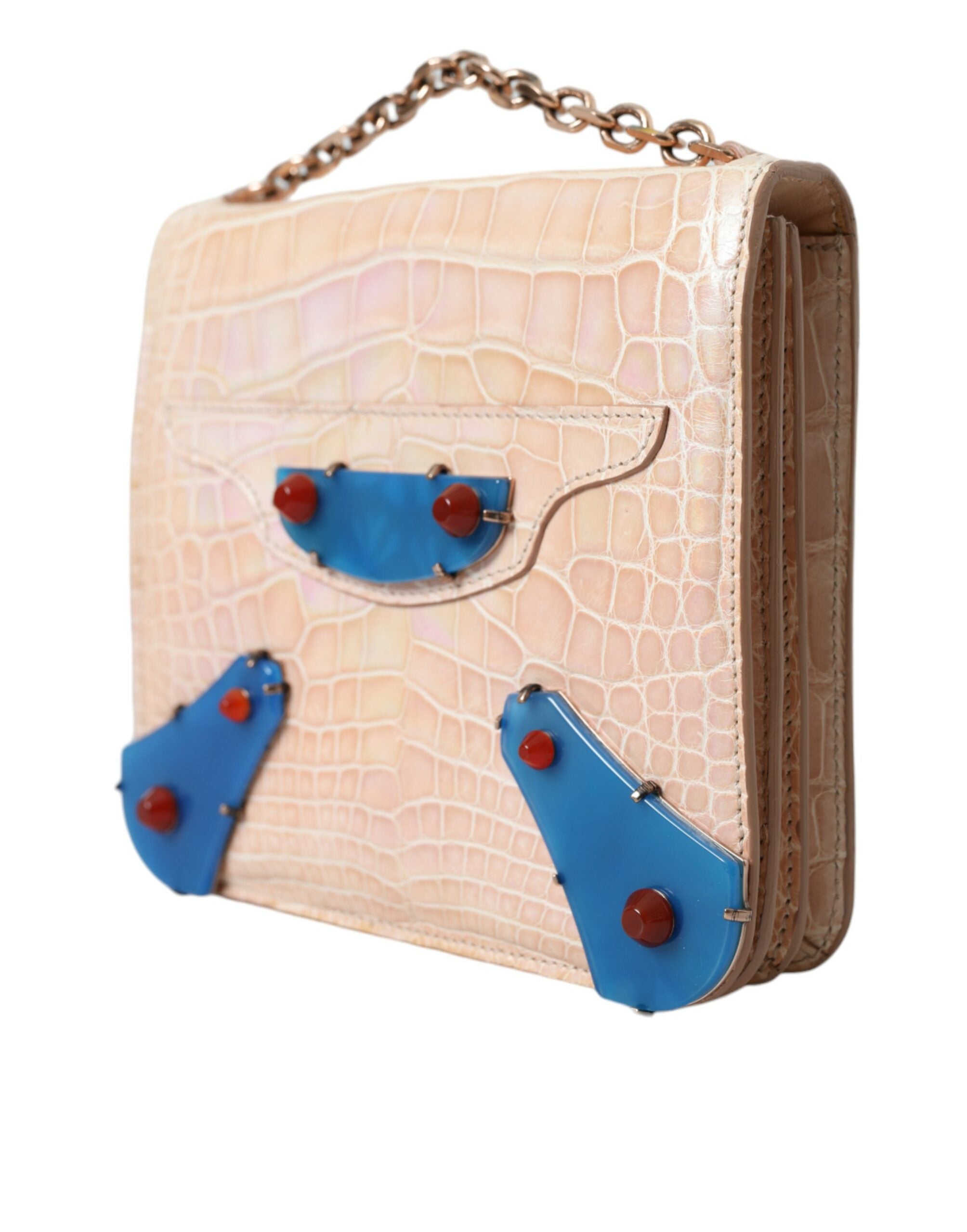 Balenciaga Beige Blue Agate Exotic Leather Gold Chain Purse Women's Bag