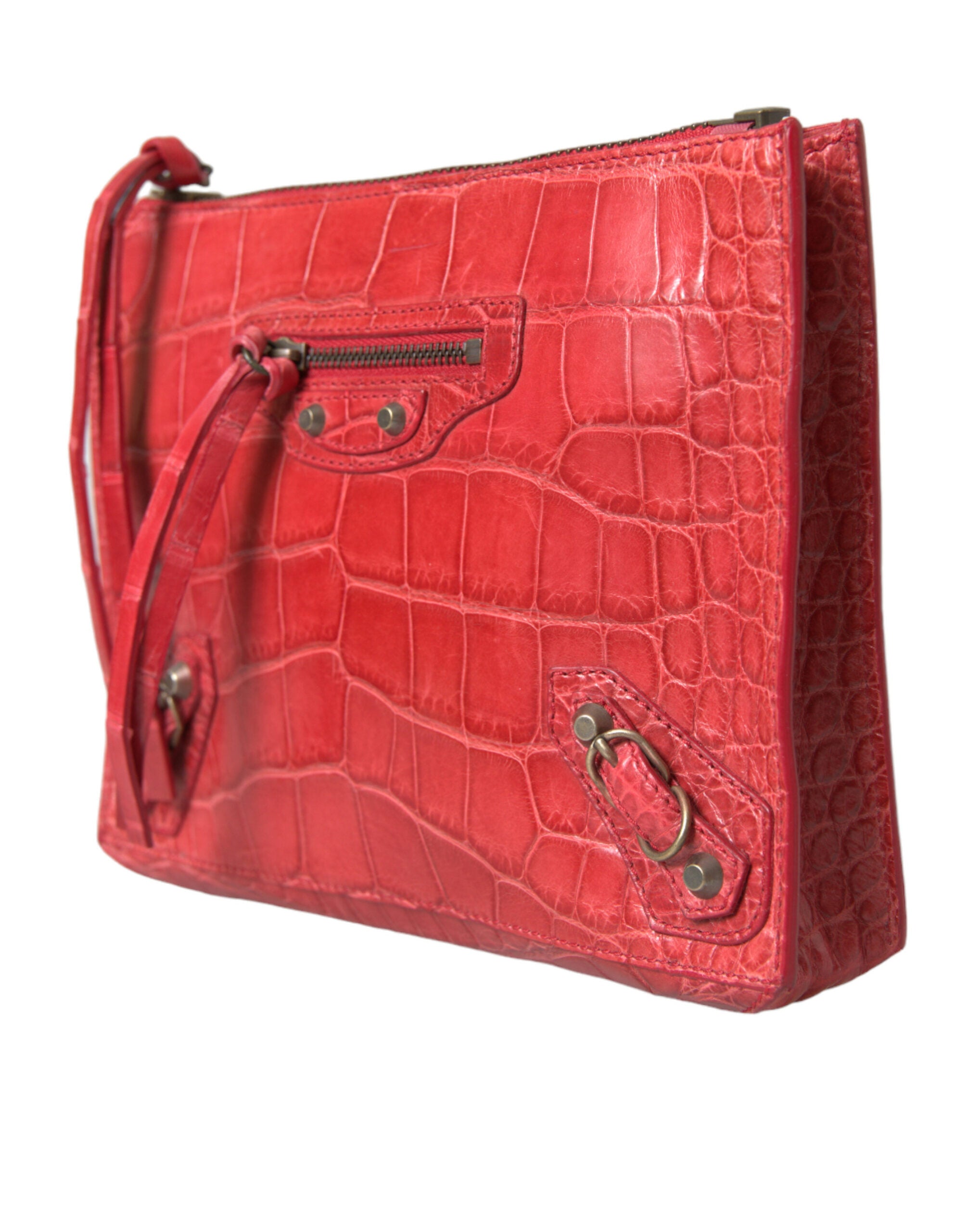 Balenciaga Red Exotic Skin Leather Classic Pouch Purse Wristlet Women's Bag