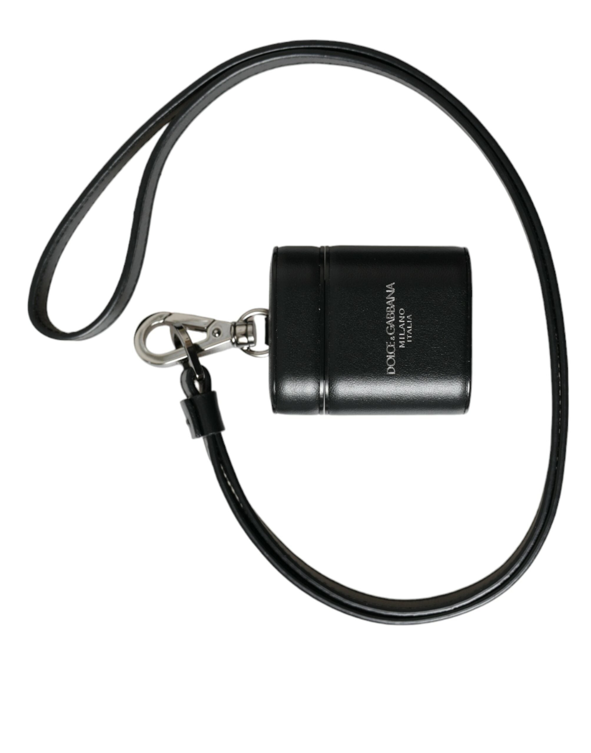 Dolce & Gabbana Black Leather Strap Silver Metal Logo Printed Airpods Men's Case
