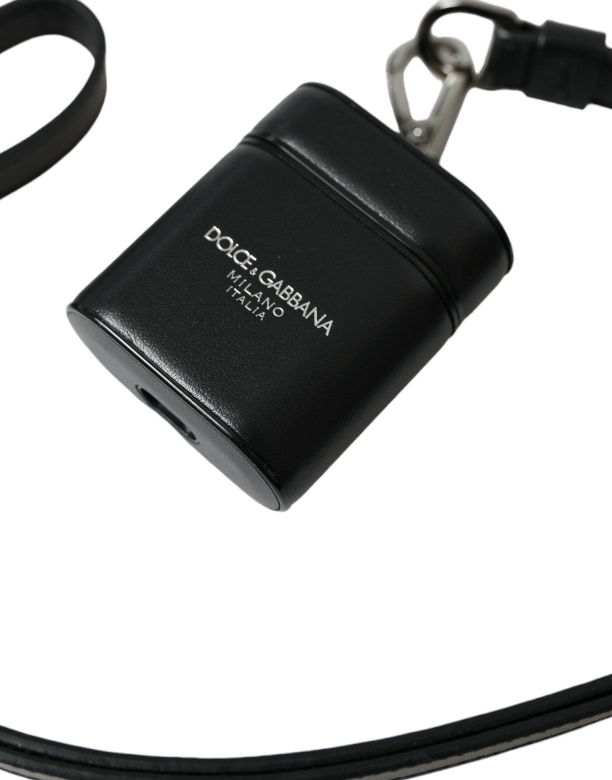 Dolce & Gabbana Black Leather Strap Silver Metal Logo Printed Airpods Men's Case