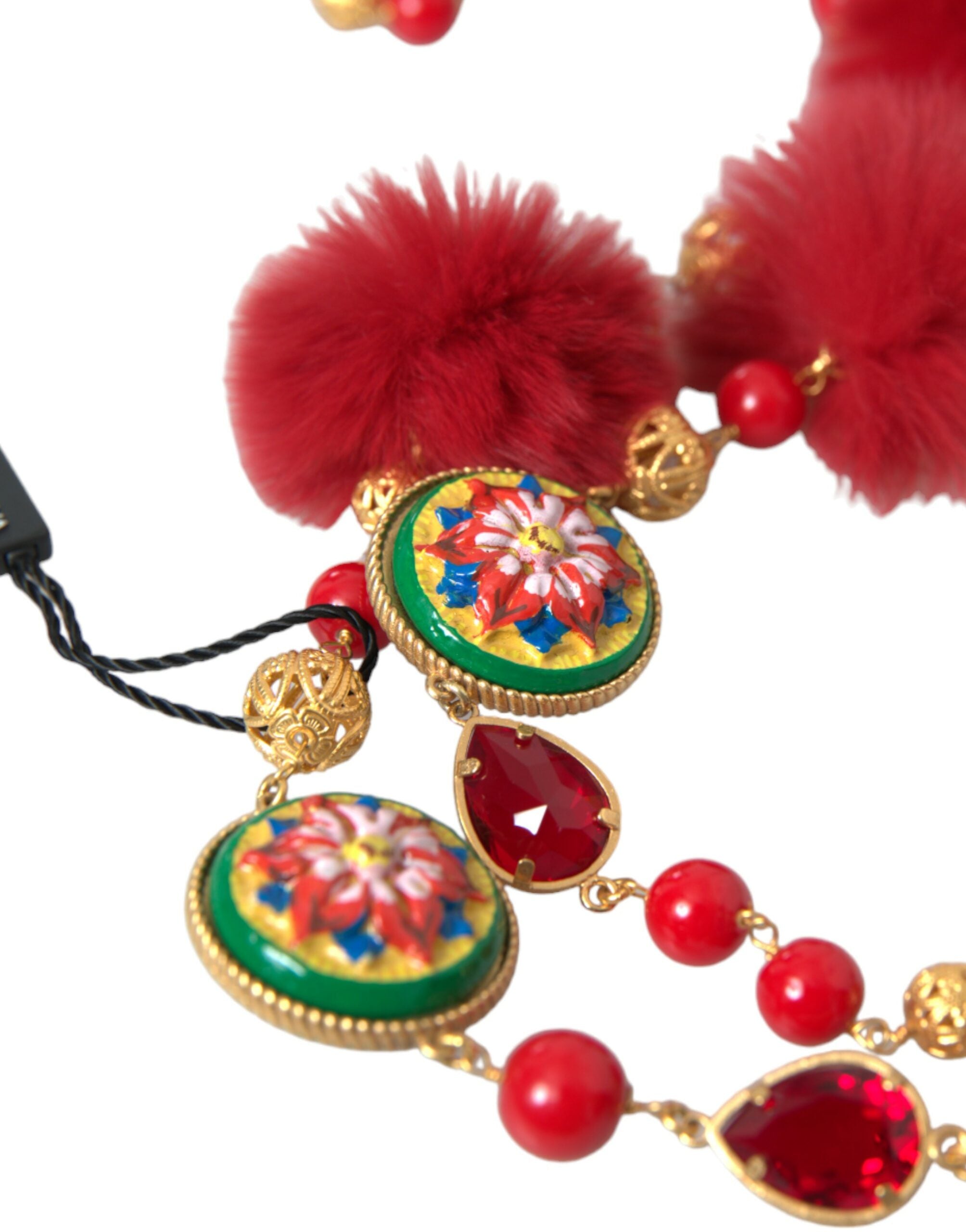 Dolce & Gabbana Gold Brass Red Fur Crystal Carretto Chain Women's Necklace
