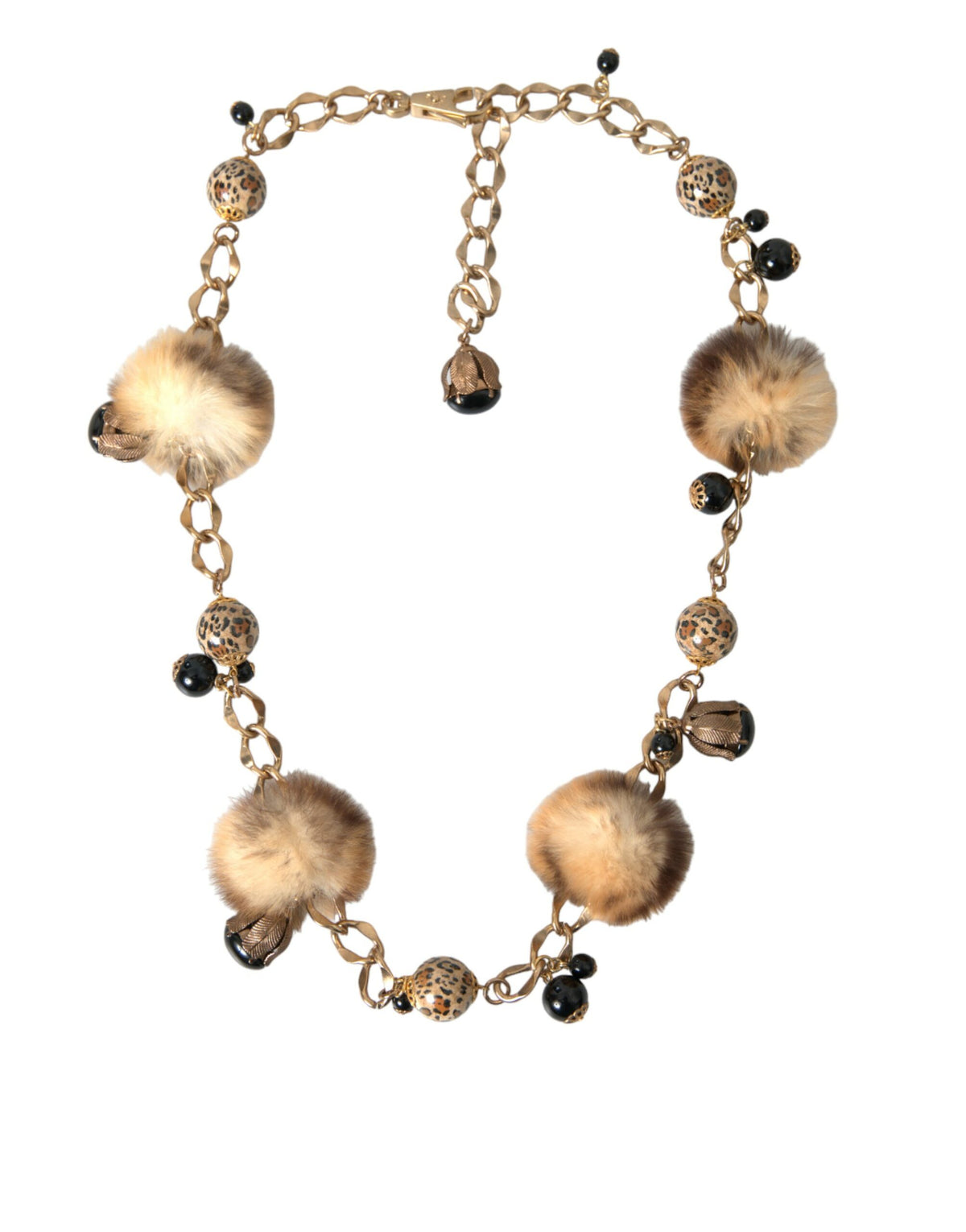 Dolce & Gabbana Gold Brass Leopard Fur Pearl Collier Chain Women's Belt