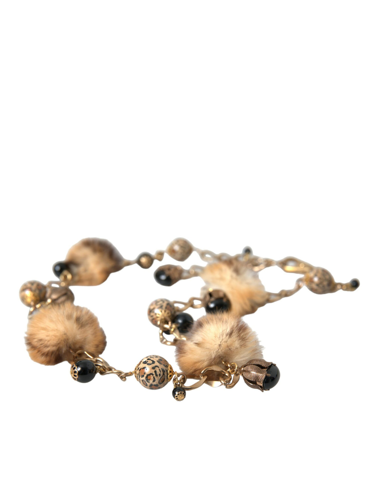 Dolce & Gabbana Gold Brass Leopard Fur Pearl Collier Chain Women's Belt