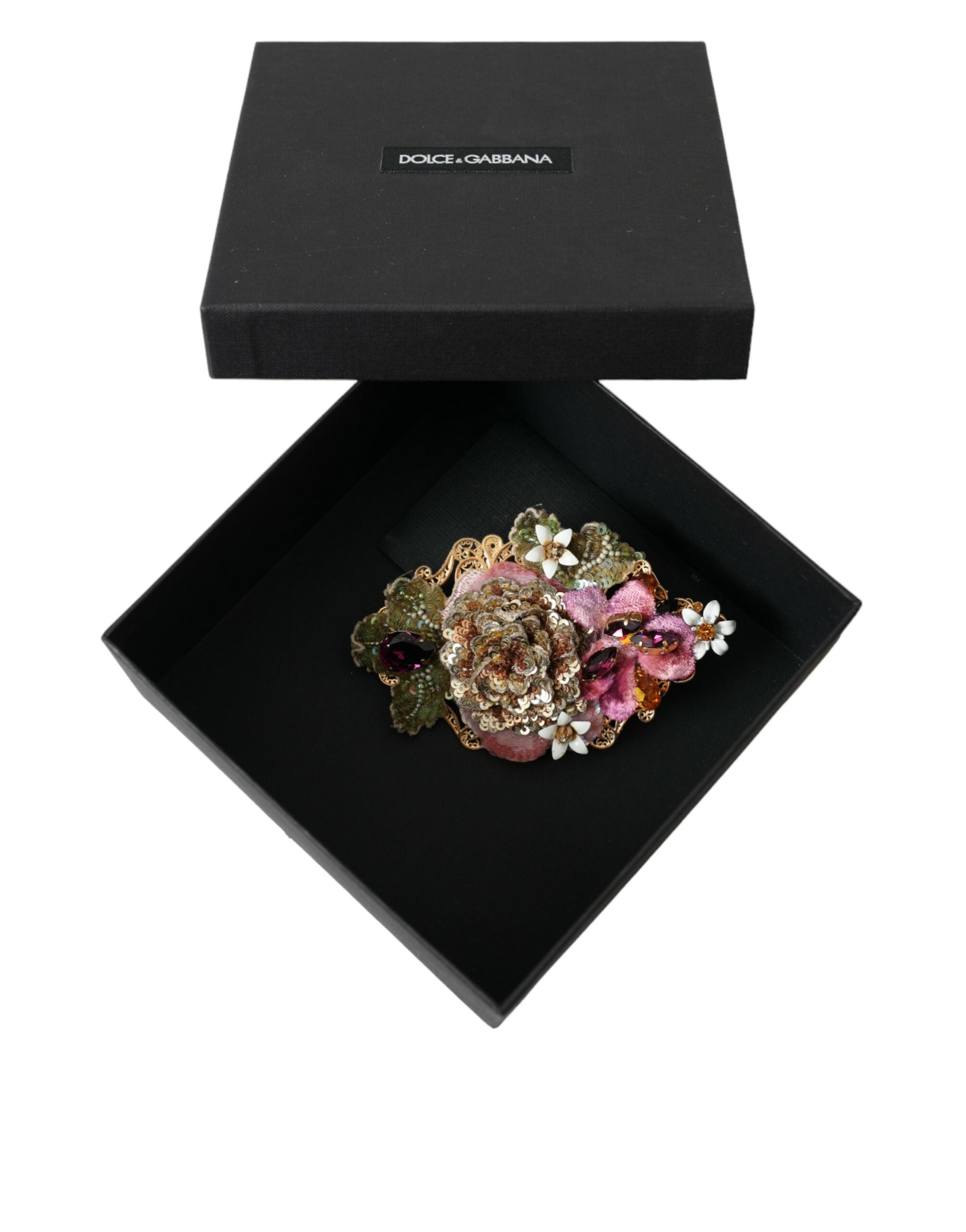 Dolce & Gabbana Gold Brass Floral Crystal Sequined Hair Women's Clip