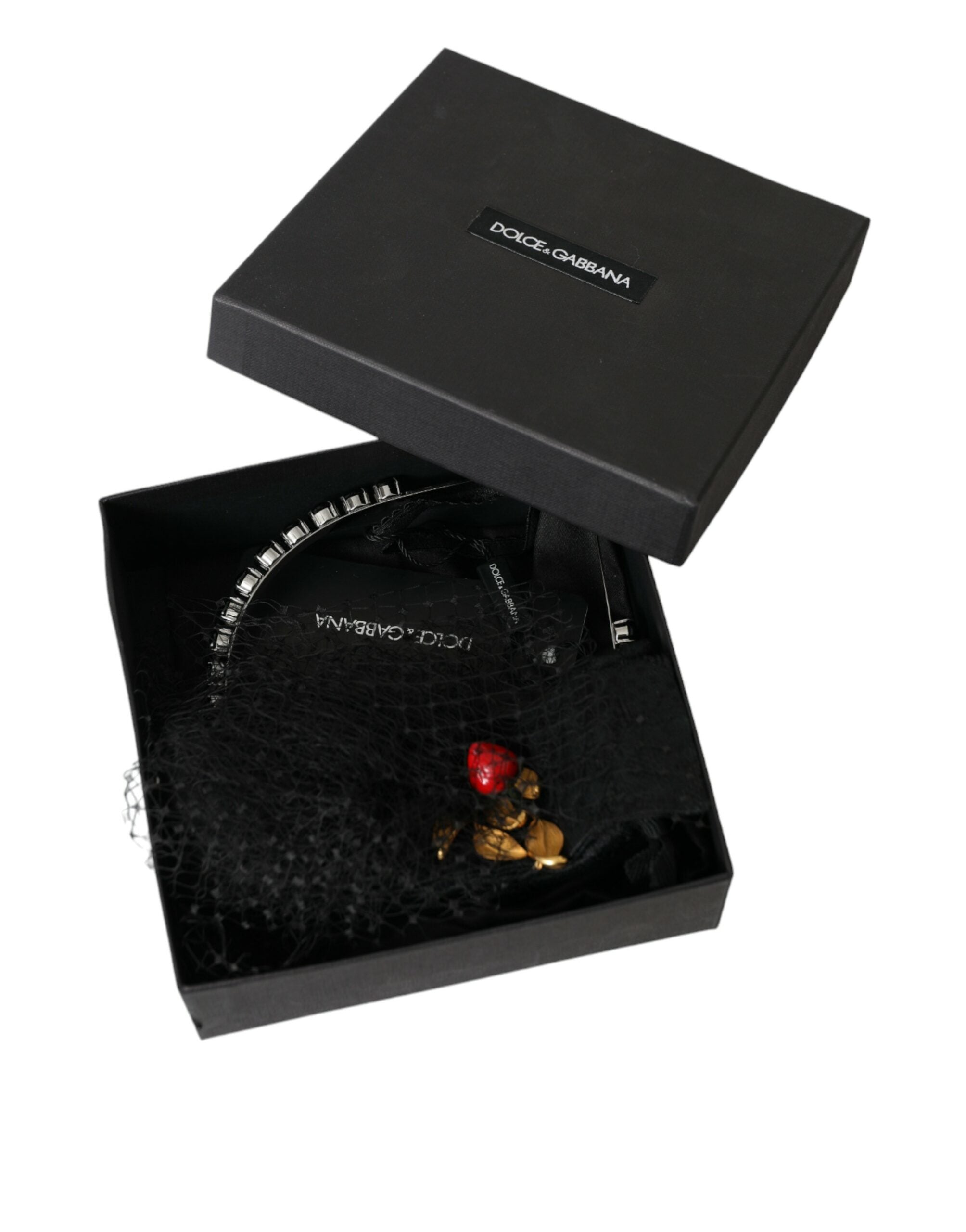 Dolce & Gabbana Black Strawberry Sicily Crystal Mesh Net Headband Women's Diadem