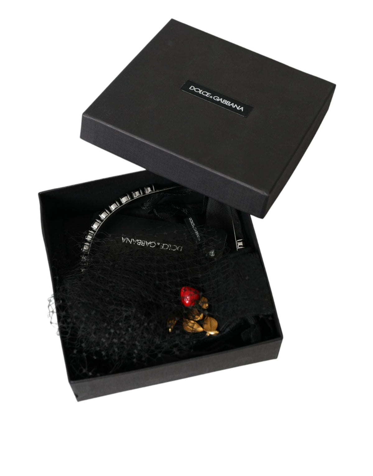 Dolce & Gabbana Black Strawberry Sicily Crystal Mesh Net Headband Women's Diadem