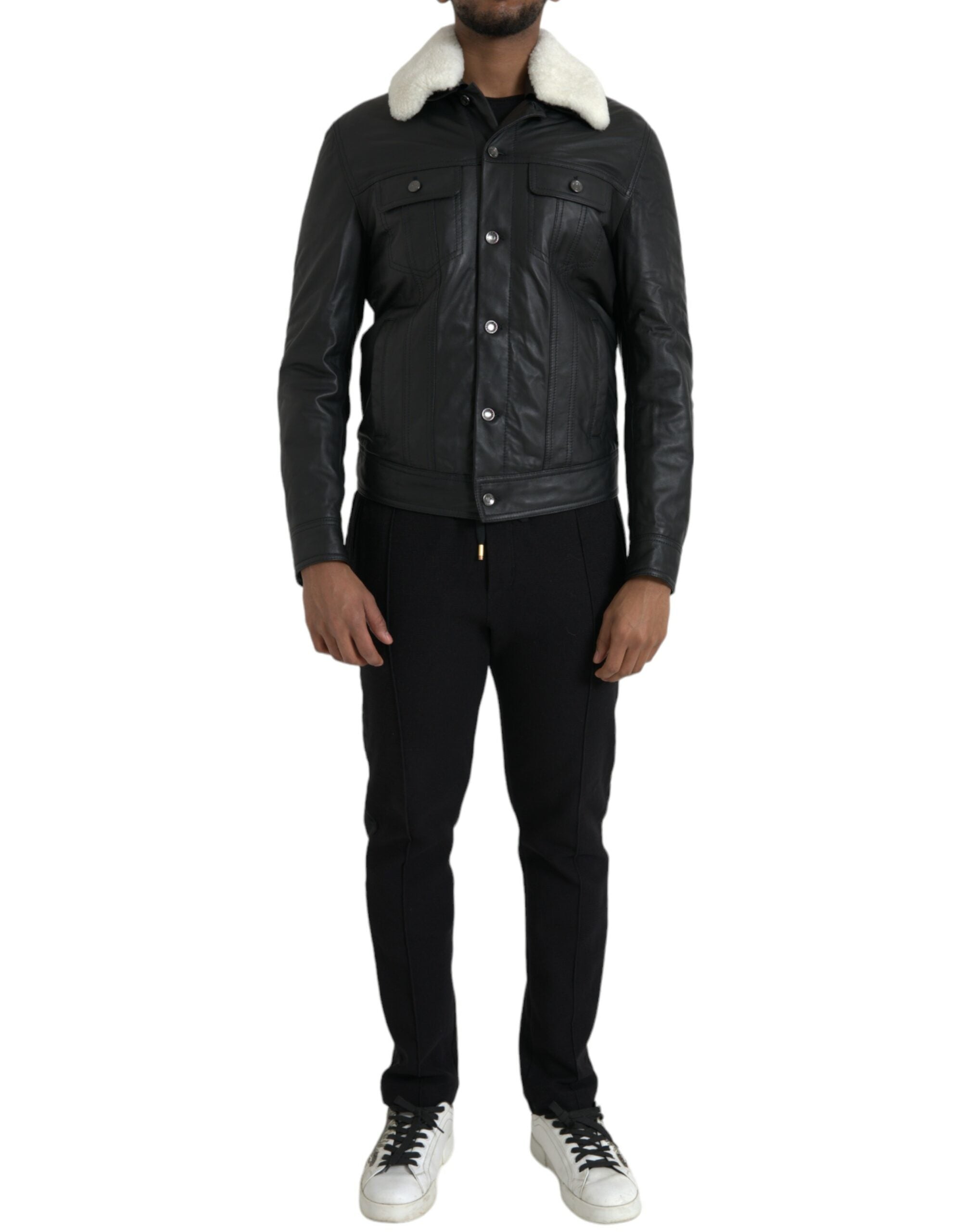 Dolce & Gabbana Black Leather Fur Collar Biker Coat Men's Jacket