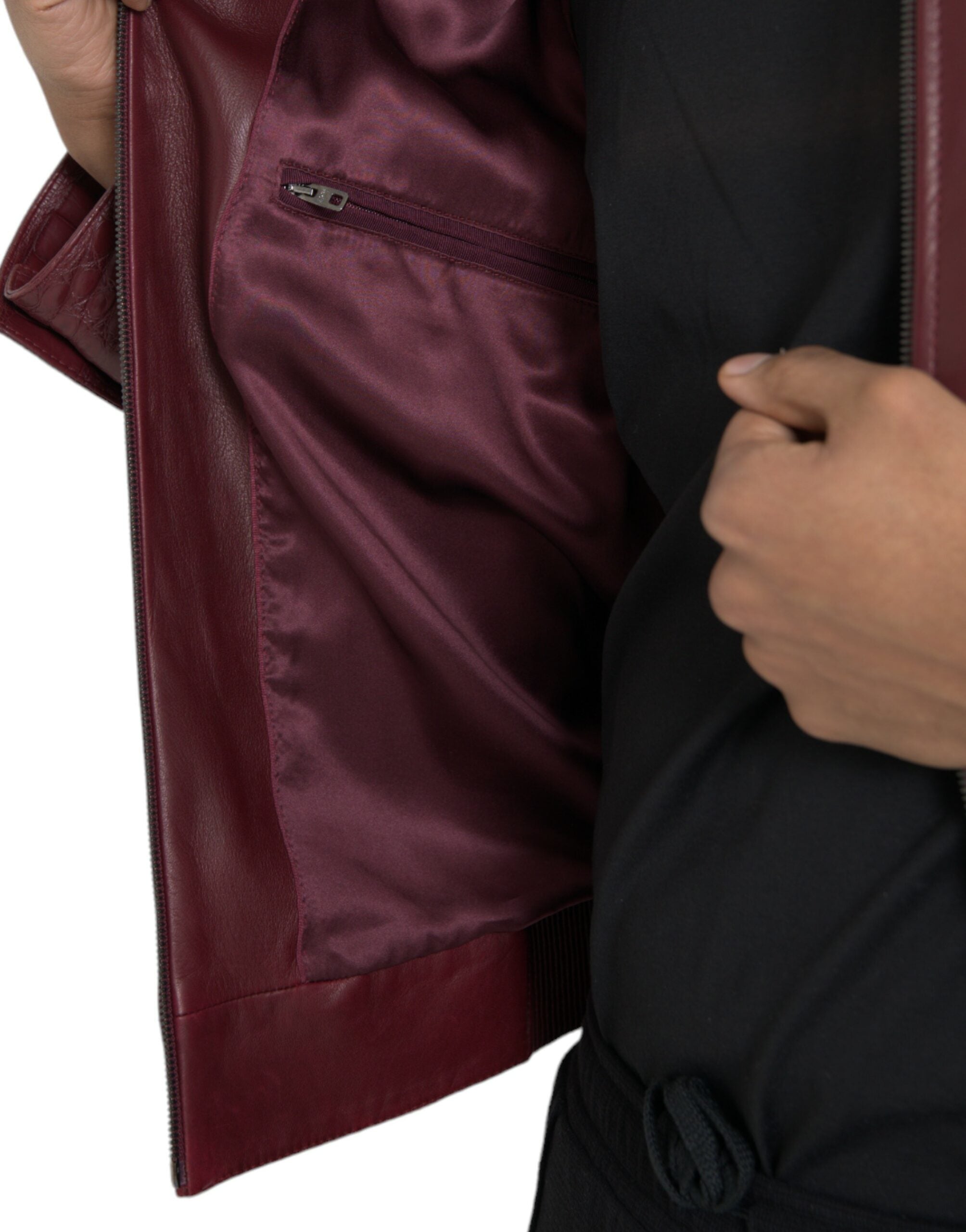 Dolce & Gabbana Maroon Exotic Leather Zip Biker Coat Men's Jacket