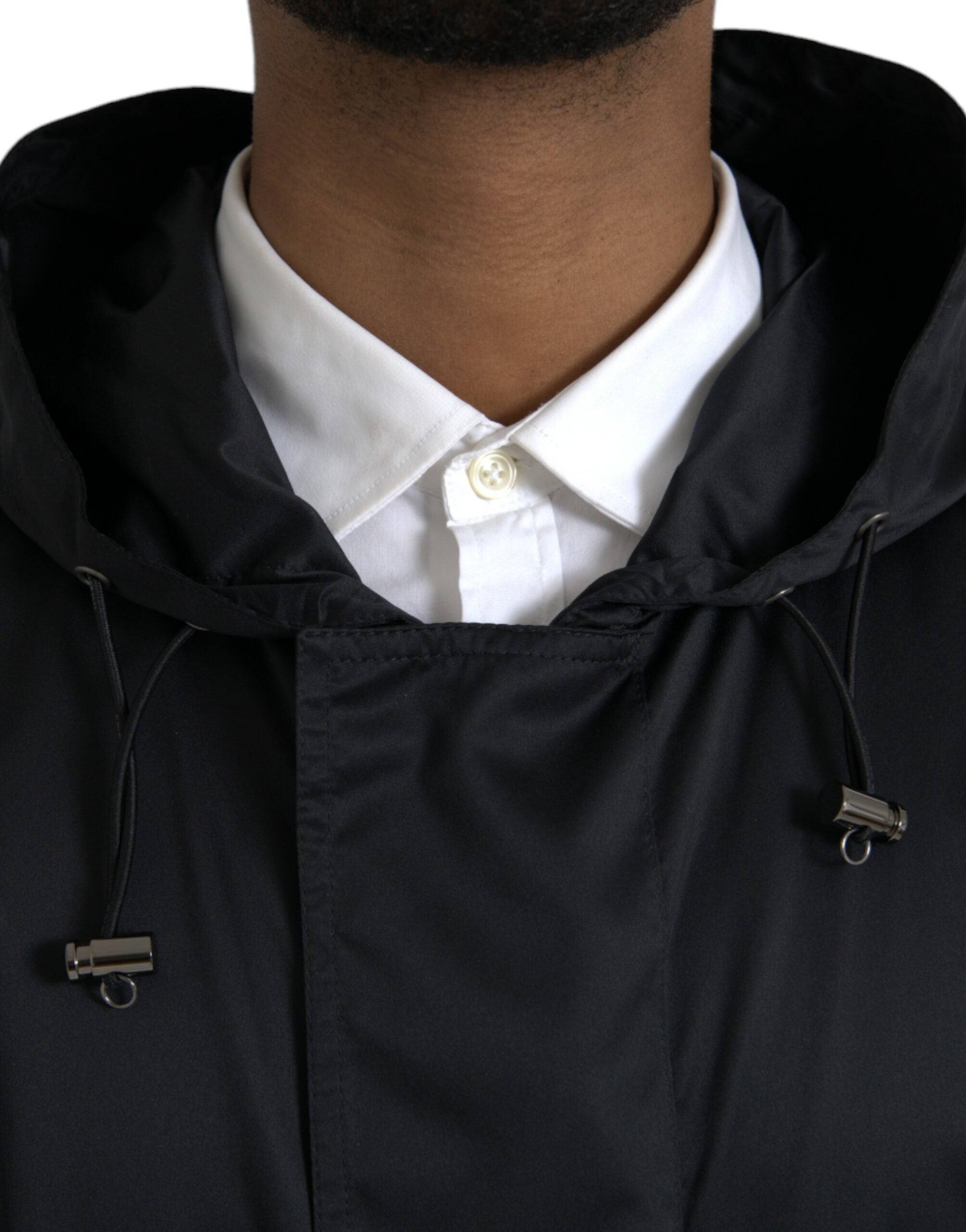 Dolce & Gabbana Black Polyester Hooded Long Windbreaker Men's Jacket
