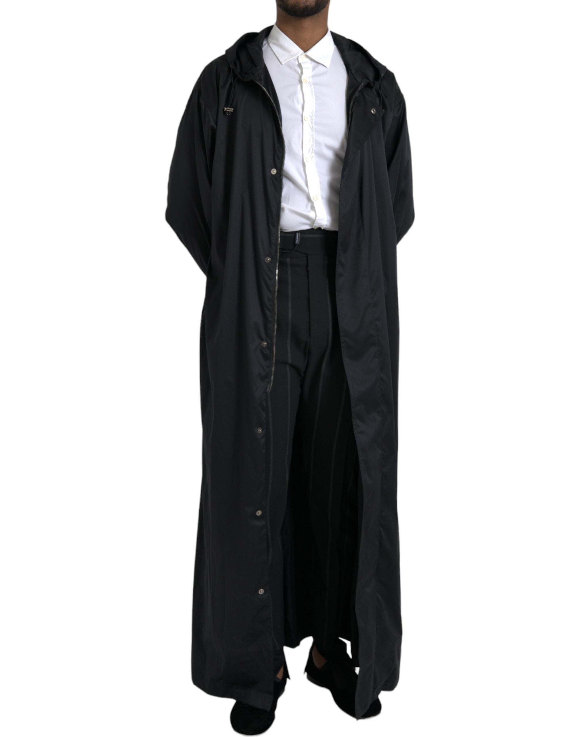 Dolce & Gabbana Black Polyester Hooded Long Windbreaker Men's Jacket