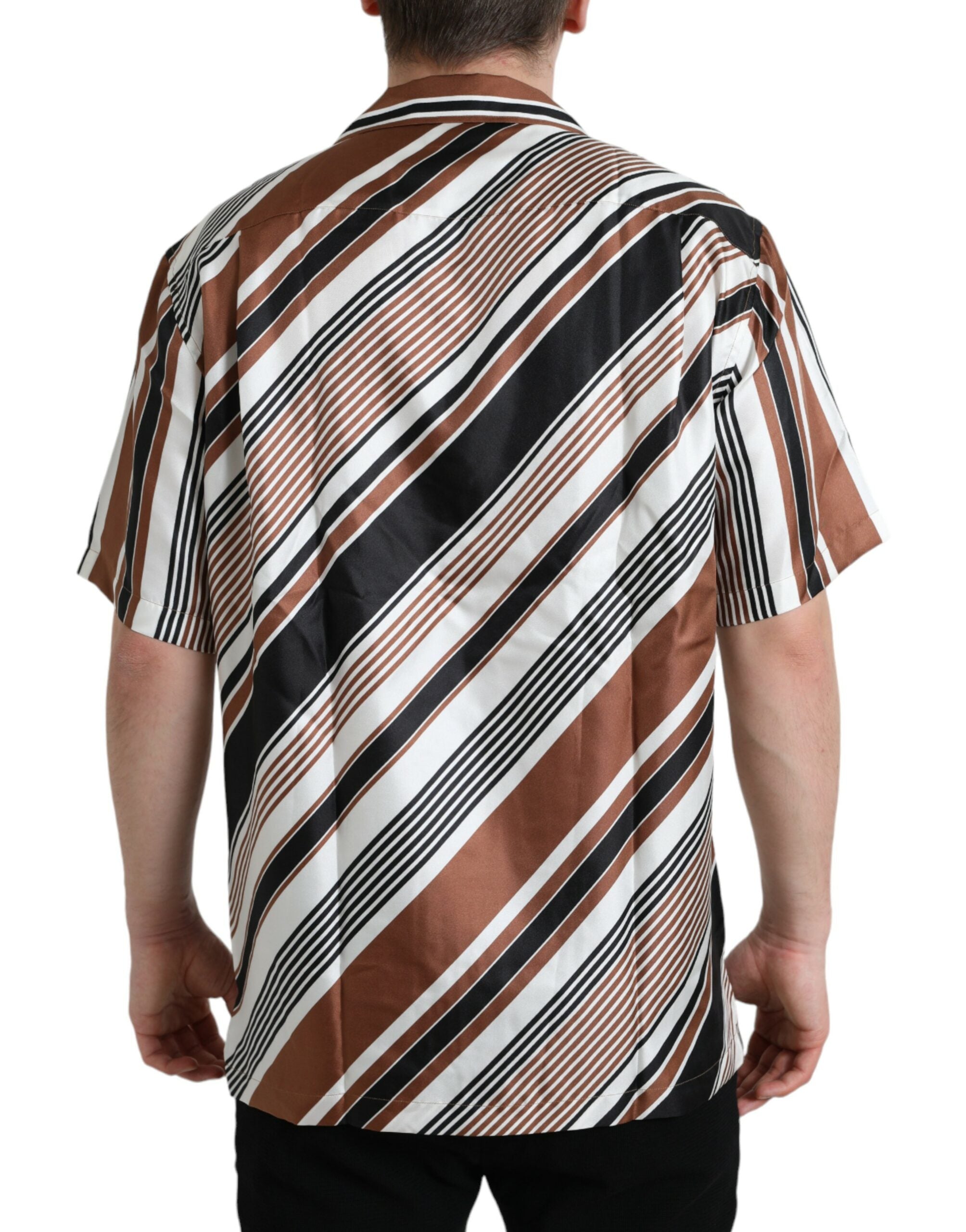 Dolce & Gabbana Brown White Silk Striped Short Sleeve Men's Shirt