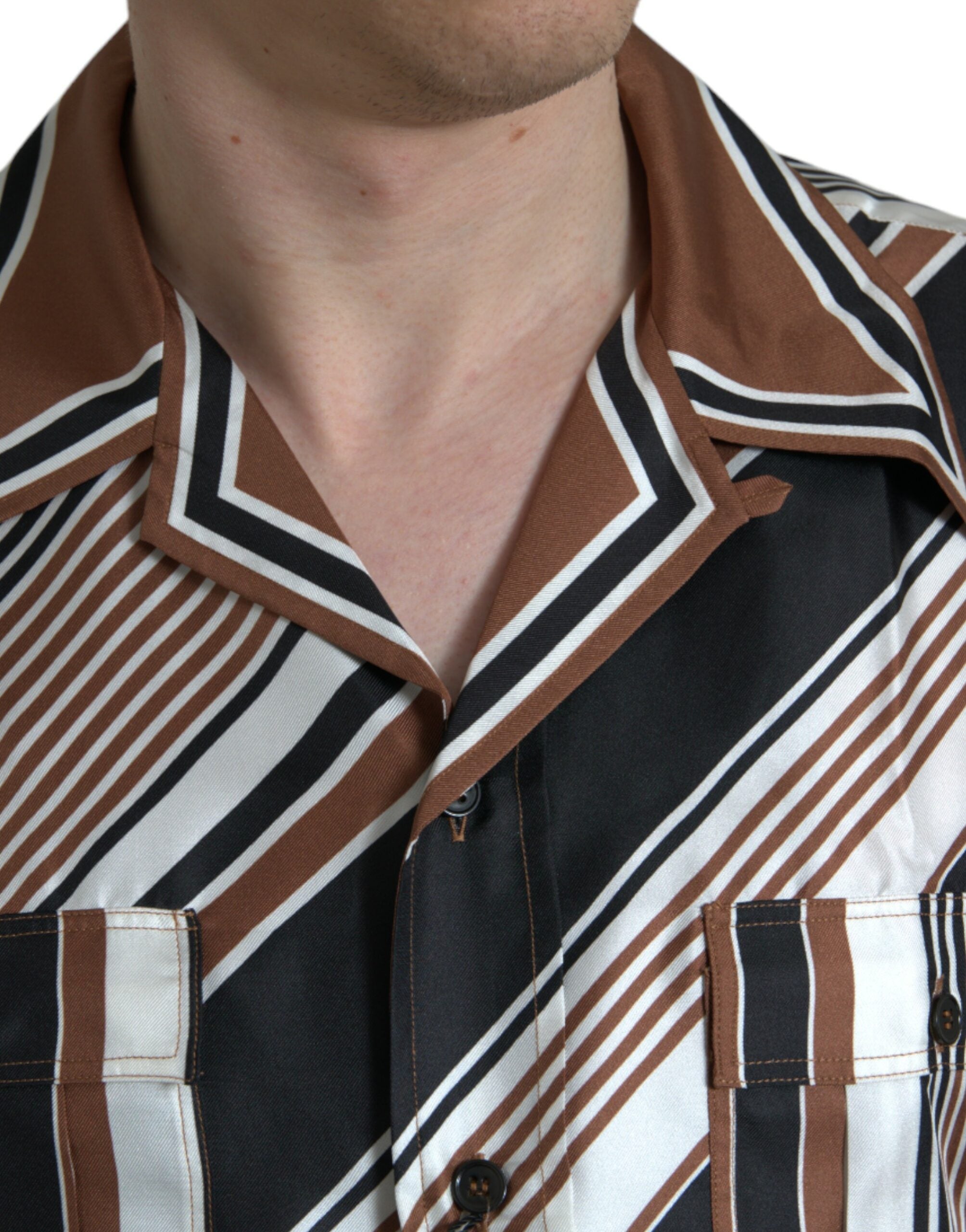 Dolce & Gabbana Brown White Silk Striped Short Sleeve Men's Shirt