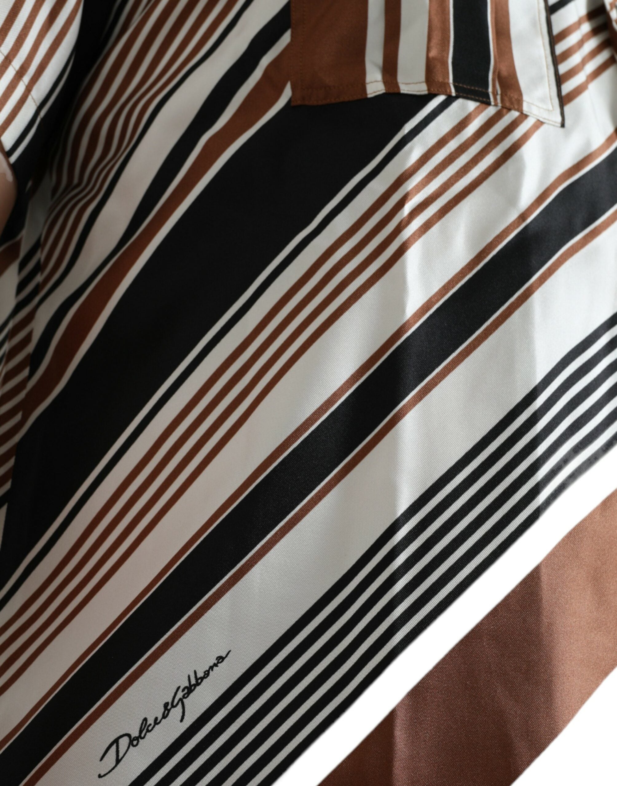 Dolce & Gabbana Brown White Silk Striped Short Sleeve Men's Shirt